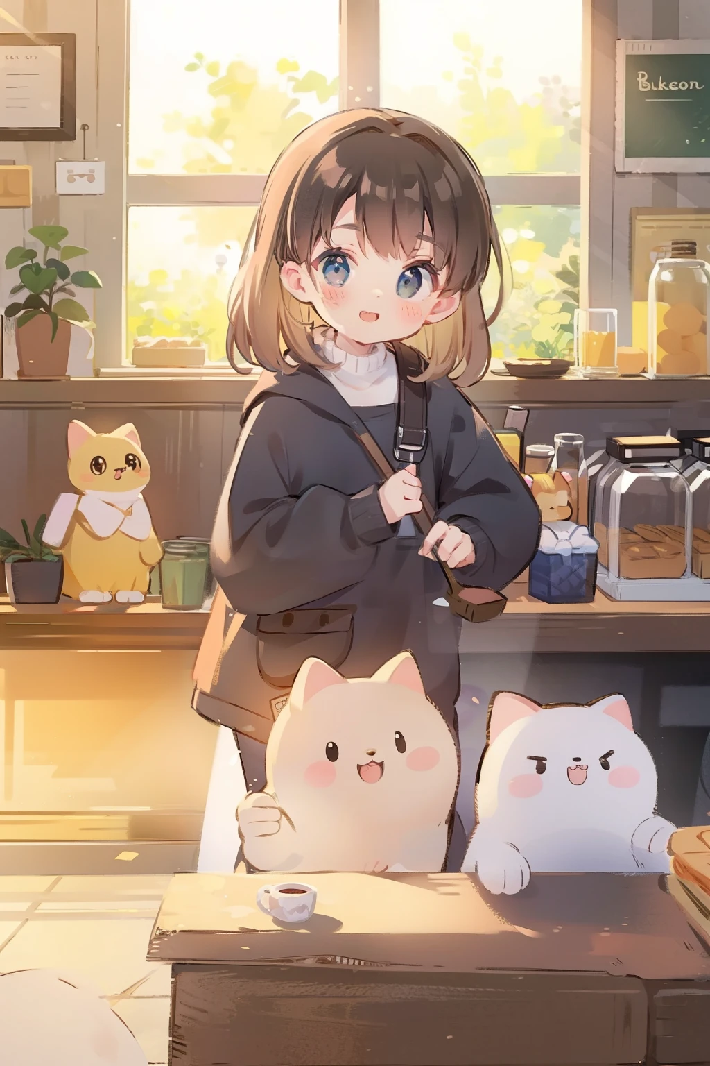 Cute cat, At the bakery , sun light from window.