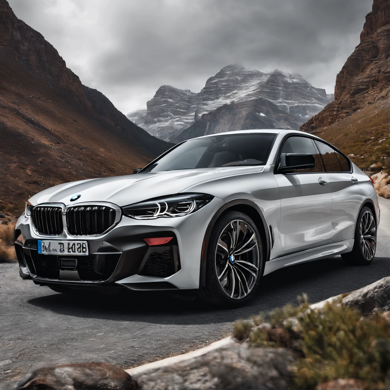 Ultra-realistic image,Mountain serpentine,Drive a sporty white BMW. drawings on the doors