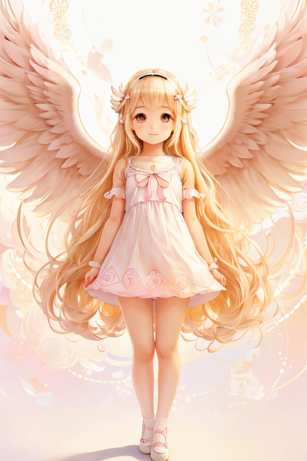 Solo front full body portrait　short stature　small tits　kawaii girl　Little white angel wings　Circle of angels overhead　a smile　pink blonde long hair　white dress with red lines