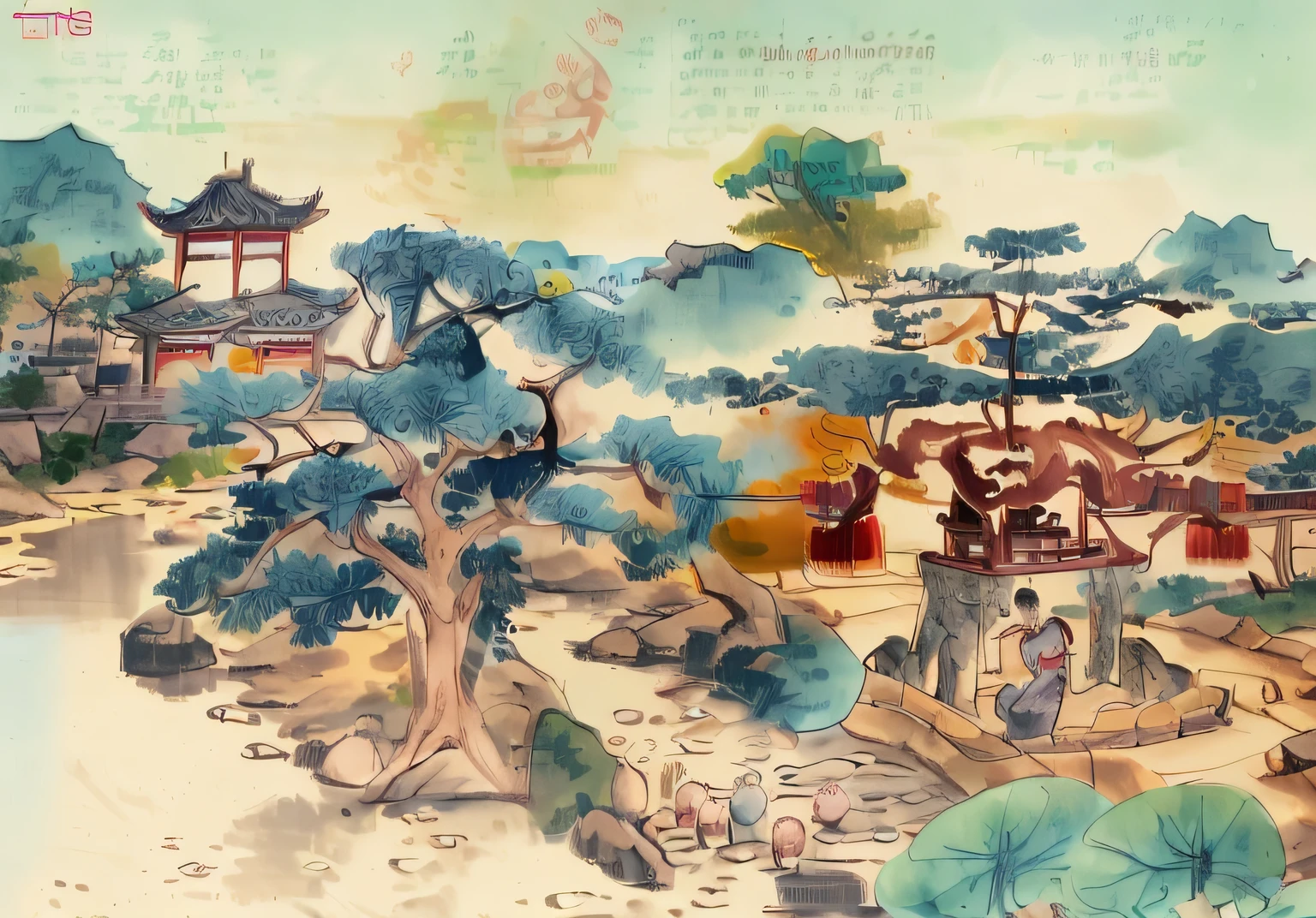 A group of people gather around a pond in a Chinese garden, wine making character、Chinese-style painting, A beautiful artistic illustration, ancient china art style, chinese painting style, Chinese dreamland, Chinese heritage, chinese watercolor style, Inspired by Sheng Maoye, traditional painting, by Xia Gui, China Village, z style art work.Show on the. to the