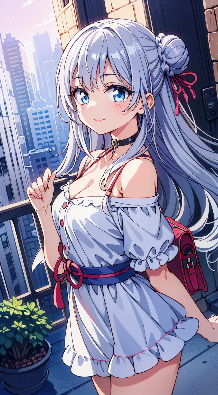 (Absurd realistic structure details),(High resolution complex and detailed text quality),(High-resolution microstructure、High Poly 3D Rendering Correction),Methods of geometry,Careful explanatory anatomy,
BREAK,
1 beautiful girl, 1girl in, (Cute:1.5),(Cool:0.8), (Beauty:1.5),(Chibi:0.5), ( girl), (girl, Older sister, Unclear, Beautiful face of Japan:1.2) BREAK, (A detailed eye,Tsuriformes:1.2),(Silver hair,Long hair in a bun,Deco:1.8), star eye silhouette, (long eyelashes, Double eyelids:1.2), cleavage, ,Swaying udder, Clear skin, Beautiful skin, Shy, Erect ,Clear skin, Beautiful skin, Shy, gleaming skin,(best quality face),(Top quality glowing eyes),(The best smile,Doya face:1.45), BREAK (Pink Theme:1.4), (Vivid colors:1.3), (off shoulder shirt, White shirt, Puffy Short Sleeves:1.3), Belt bag,(Skirt, with floral pattern:1.2),tie,(lace-up boots:1.1),
BREAK,(early evening),Walking,a closed mouth,(architecture, building, Choker, city, Cityscape, Outdoors, potted plant,Street, Town:1.55), Waterfall,depth of fields,
BREAK,wakame,wakame,wakame,(Dynamic Angle:1.4),
BREAK,(Blurry background:1.3),(absurderes, hight resolution, Super Detail Art),cel shading,Clear Color, Lonely optical effect, Beautiful pictures, Bright glow, mystic atmosphere,(Close-up of girl:1.1), Mystical light particle effect,manga influence, clean line drawings,