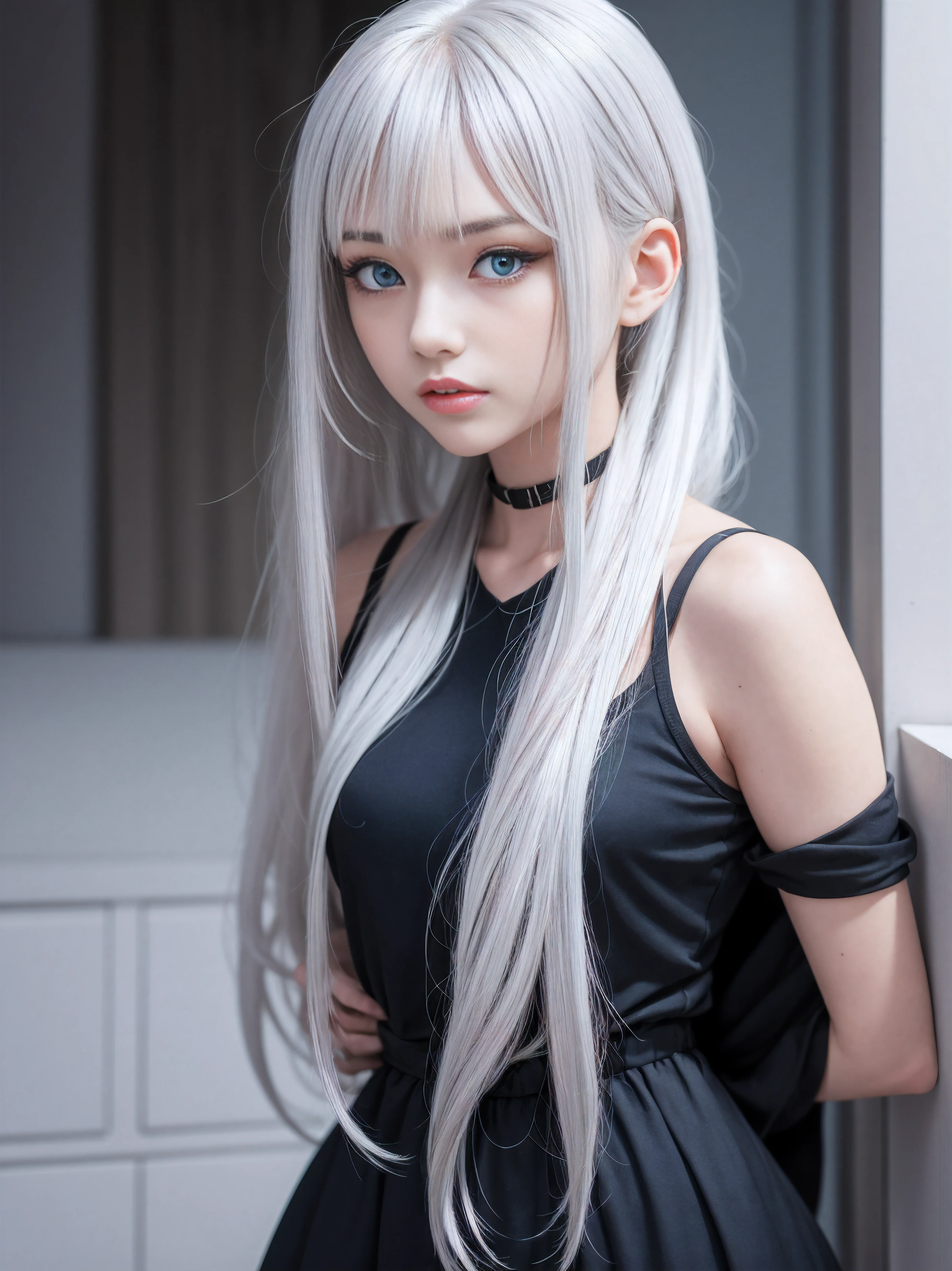 best qualtiy， tmasterpiece， White hair， eBlue eyes， A girl， exteriors， The upper part of the body， Realistis