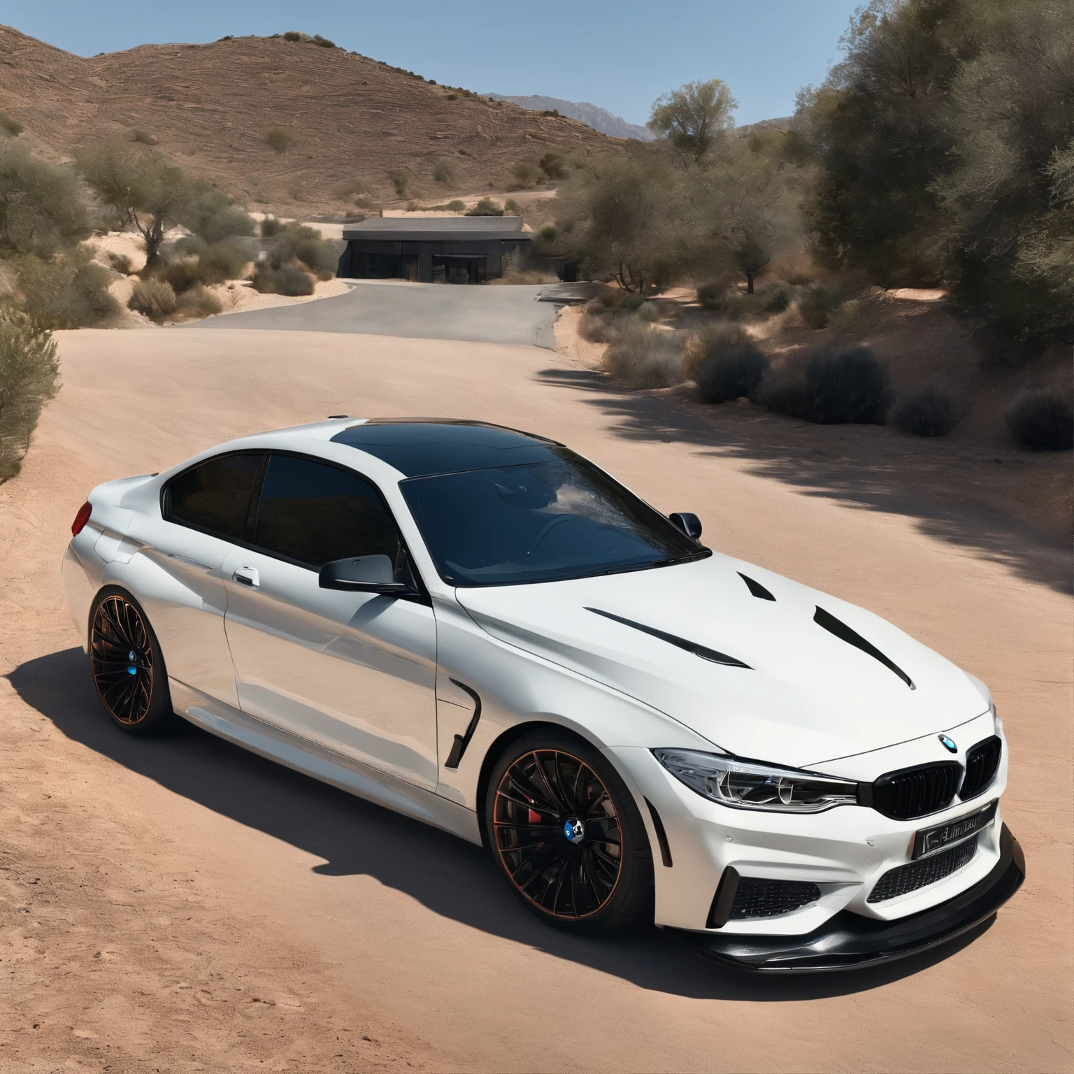 Ultra-realistic image,Mountain serpentine,Drive a sporty white BMW. drawings on the doors