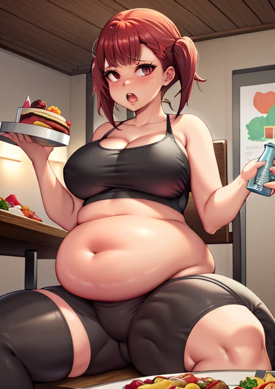 fat, large belly, big belly, very fat, sitting down, table with lots of food, shocked, maki shijo