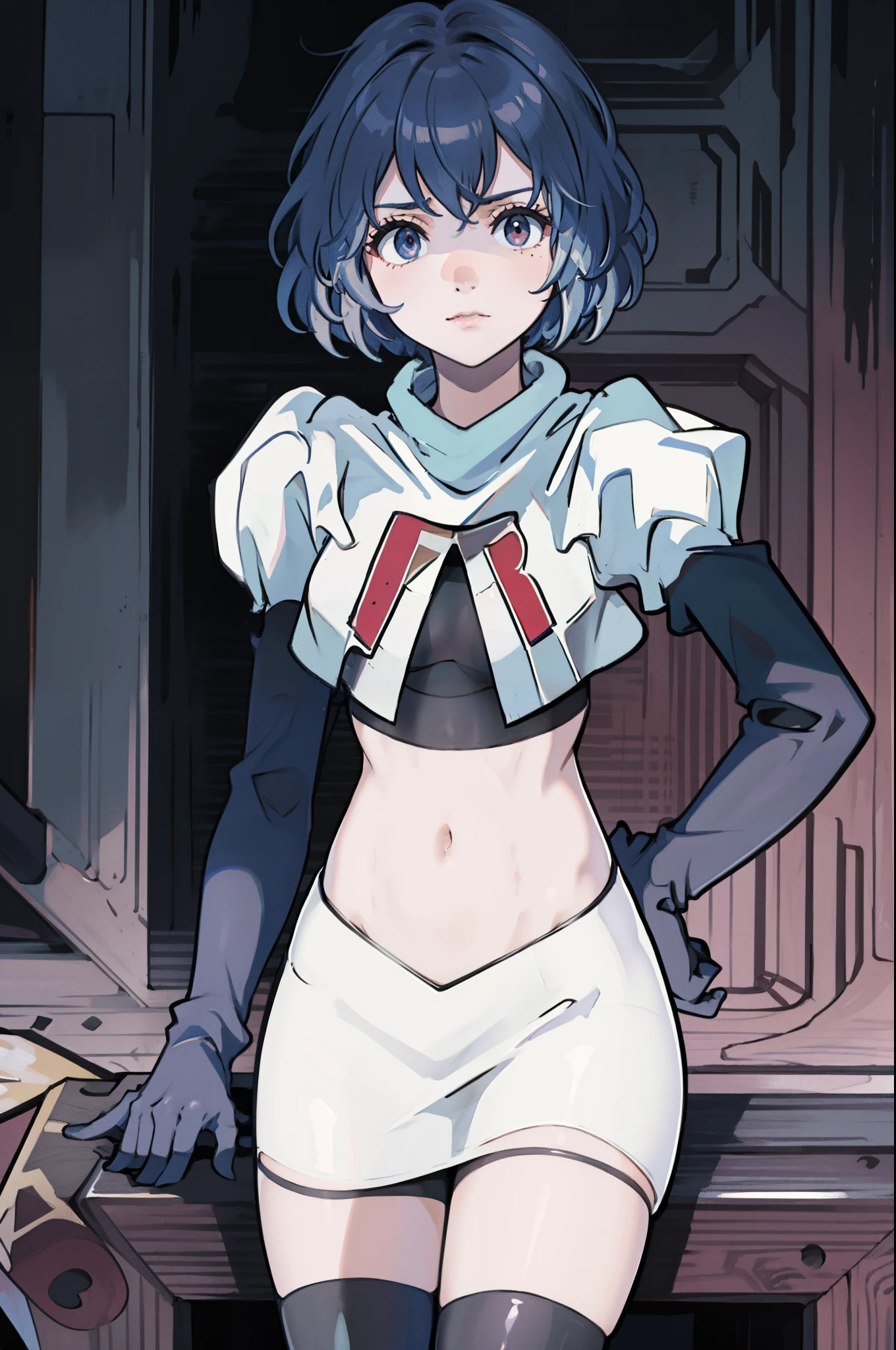 masterpiece, best quality, defBernie,team rocket,team rocket uniform, red letter R, white skirt,white crop top,black thigh-highs,black elbow gloves