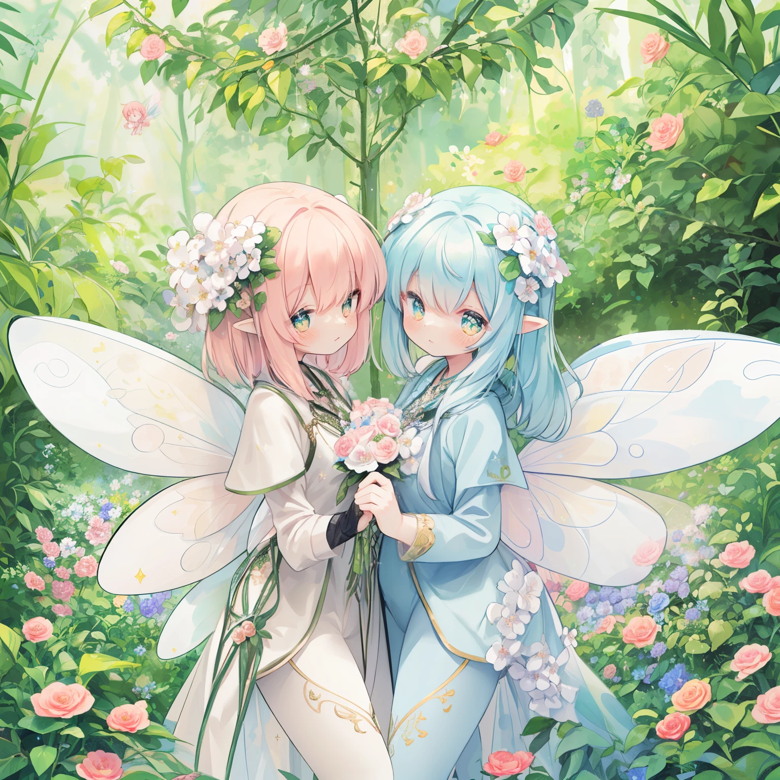 highest quality、master piece、1，(PastelColors:1.3)、(Cute illustration:1.3)、(watercolor paiting:1.1)、(Wearing large transparent fairy wings with polka dots。。。。。。。：1.3)
Detailed background、Smile with open mouth、Beautifully detailed、Moya、colourfull、marble、Particles of light、patterns、looking left、Shirayuki Noel、Snowflake、
Detailed drawing、Vibrant colors、striking contrast、intricate detailes、Delicate depiction、Luminescent、full body Esbian、From the side、Beautiful facial features、Brightly colored eyes、Wearing intricate and delicate ornaments、glowing aura、Radiant hair,Illuminated by the morning light、Summer wreaths、Pale yellow-green background、Fairy with a bouquet of flowers、Fancy Fairy、A pink-haired、Bun head、jumpping、levitation、
