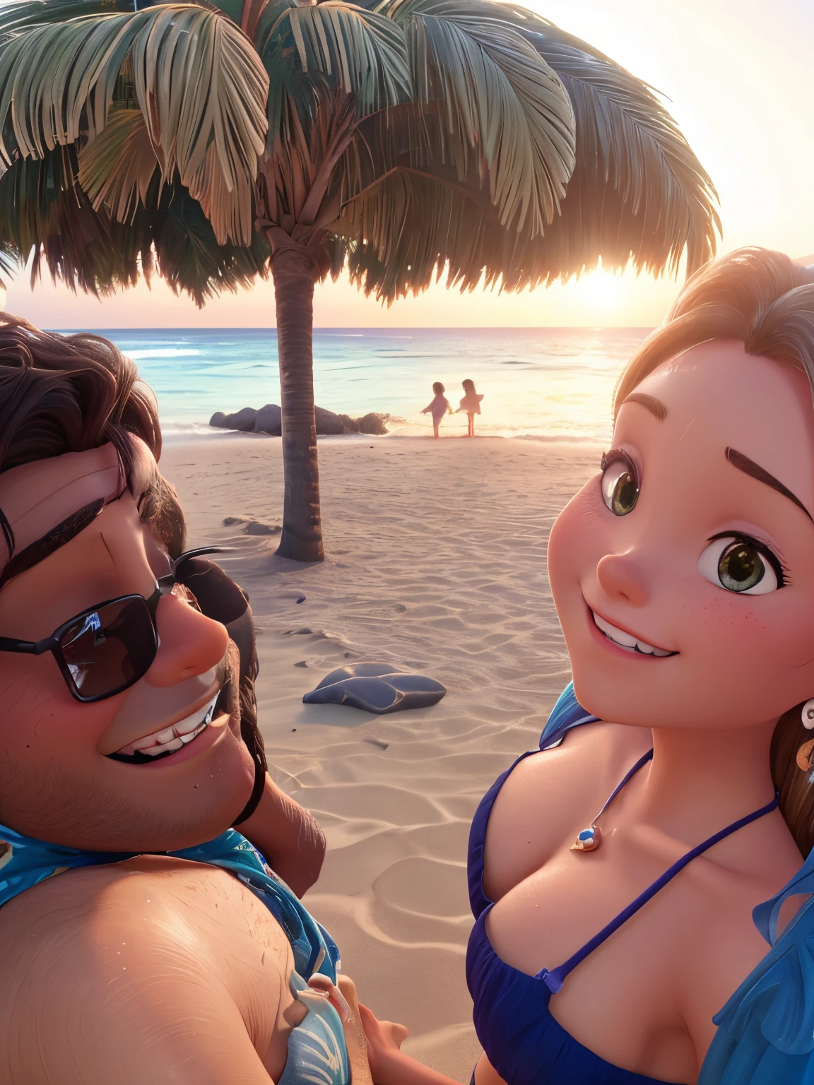 best quality,4k,8k,highres,masterpiece:1.2),Disney movie poster,romantic couple in Aruba,illustration,ocean breeze,[vibrant colors],sandy beach,clear blue sky,tropical paradise,beautiful sunset,lovers holding hands,detailed facial expressions,sparkling eyes and smiles,summer fashion,relaxed atmosphere,perfectly captured moment,memorable holiday,emotional connection,sun-kissed skin,shimmering water,swaying palm trees,joyful laughter,romantic getaway