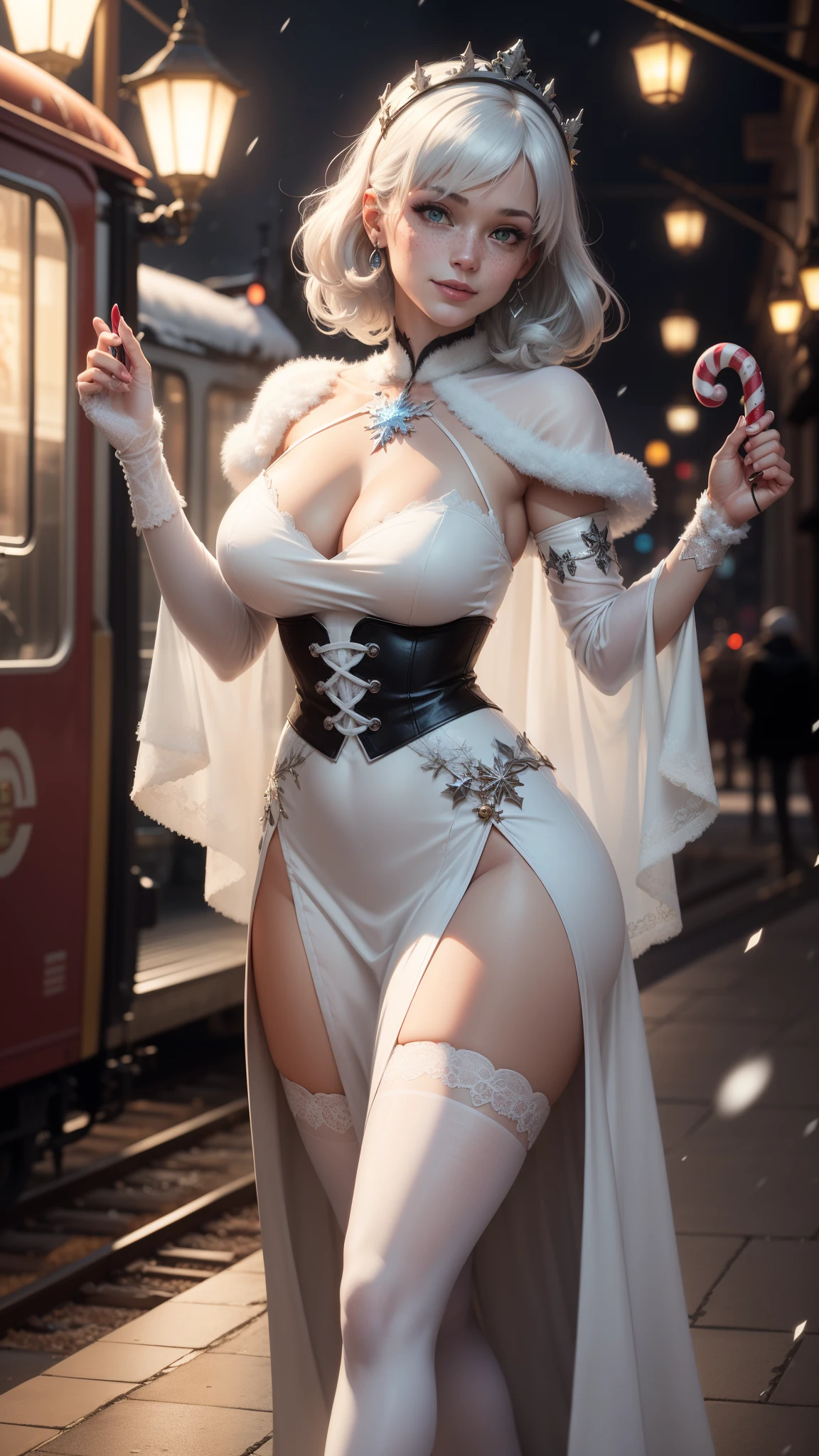 gwen tennyson,1girl,tracer,y'shtola rhul,yorha 2b,rebecca chambers,nier automata,atelier ryza,close up,christmas village,tattoos,white plugsuit,candy cane short sleeve striped top,silver embroidery long white snowflake gown dress,red embroidery christmas corset,short hair,princess makeup,green glowing eyes,multicolored silver hair,sexy smile,freckles,beautiful girl,large breasts,white stockings,8k,ultra detailed,realistic,fantasy art,crystal armor,fur armor,striped panties,winter princess dress,long dress train,silver snowflake crown,ear piercings,candy canes,christmas hand and neck jewelry, walking,(weather:snowflakes falling),
