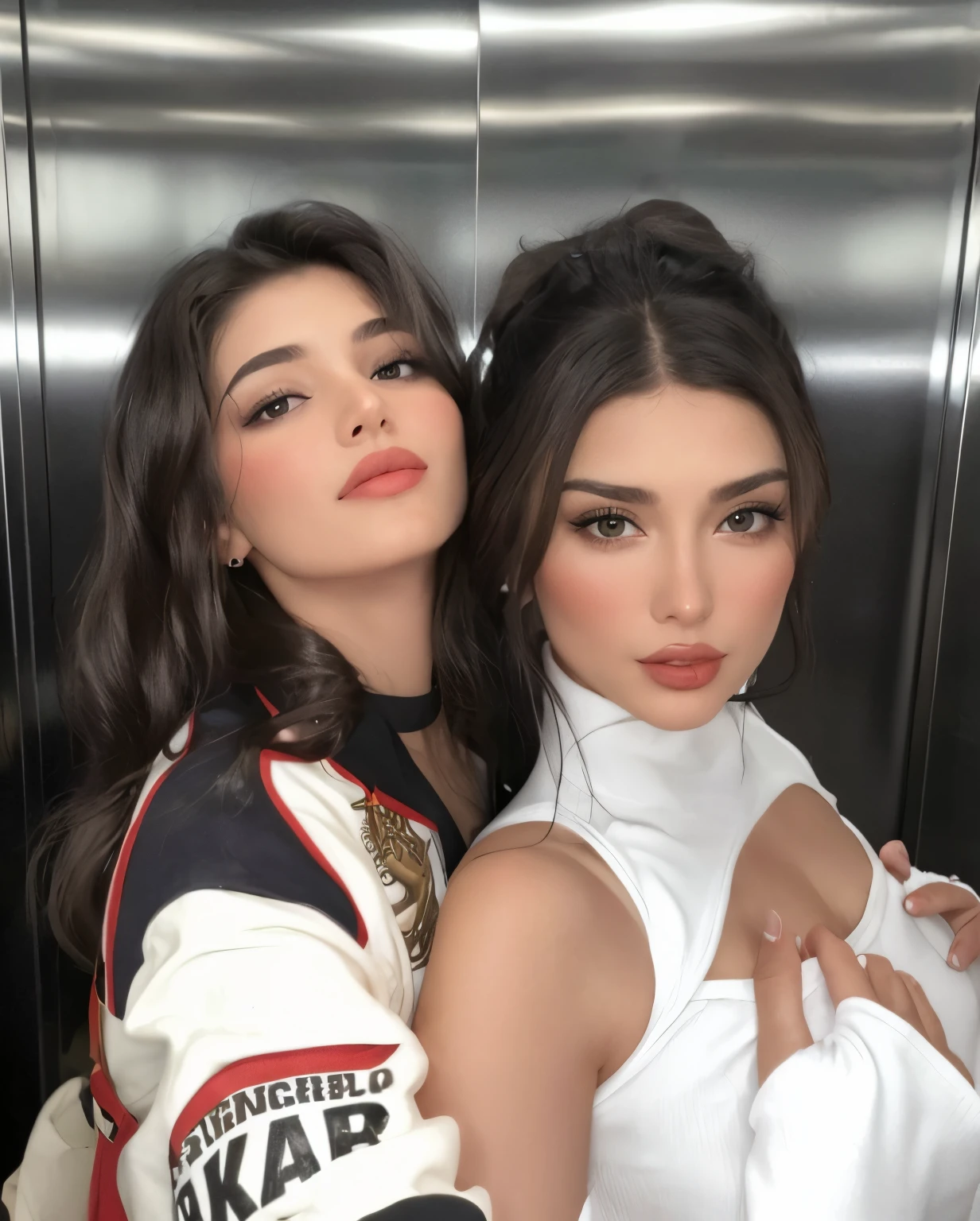 Dos mujeres posando para una foto en un ascensor., Caras preciosas, Caras hermosas, Dos modelos en el marco, Alena Aenami y Lilia Alvarado, they are close to each other, Cerveza Madison, Cerveza Soft Devil Queen Madison, Modelaje para Dulce y Gabanna, Ambos tienen los labios rojos, beautiful aesthetic, 1 1 1 1, Aesthetics of beautiful faces