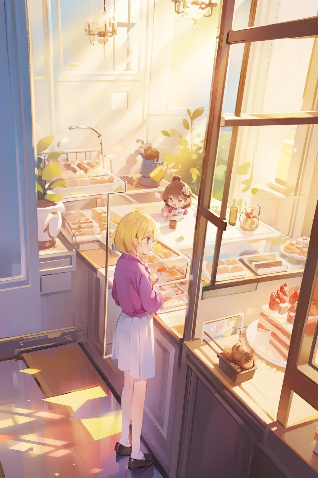 girl, catss, cake shop, Sunlight outside the window