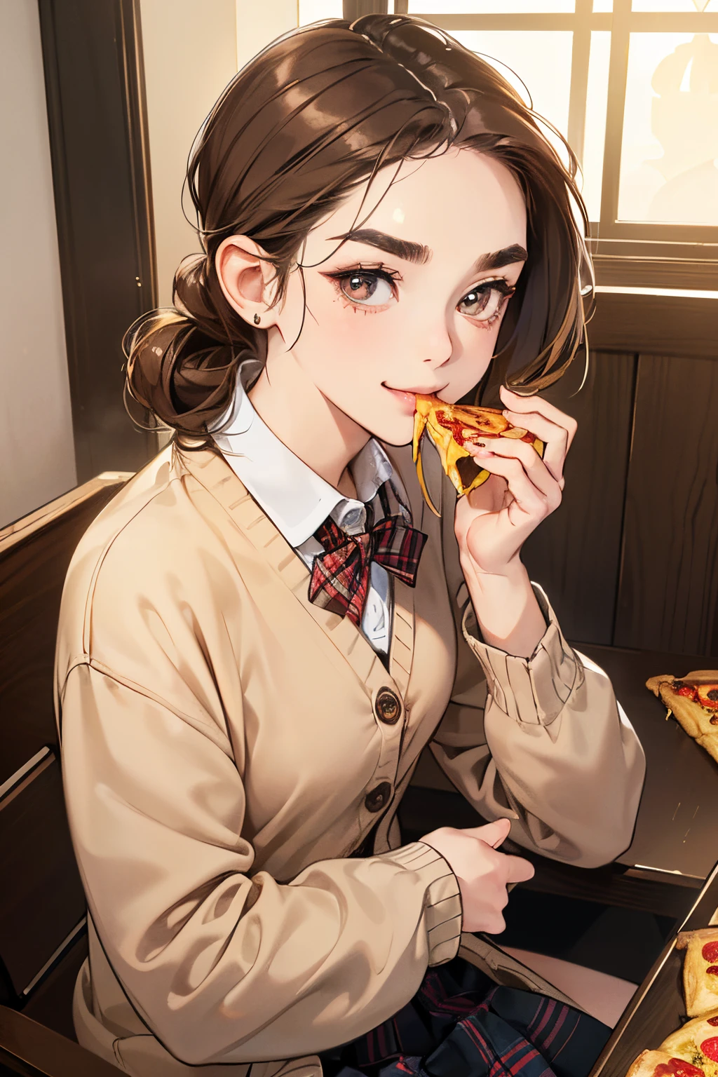 (masutepiece, Digital Art, Digital Illustration, 4K, 8K, Ultra-detailed, beautiful image, Sharp Image, Photorealistic, Raw photo, Perfect face, Perfect lines, Perfect eyes, Soft lighting) 1 woman, (lightbrown hair,Chignon hair in a high position,Innocent look,Lowered eyebrows,drooping eyebrows,drooing eyes,cute large eyes,natural make up,kindly smile,Round jaws,petite female:1.3),Two handsome men in uniform, (ember,men are wearing uniforms,well-muscled,Firm shoulder width,Adult male,Boyish hairstyle,English gentlemanly style,Cool boys、man with bright smile:1.2),(Nervous,be shy,sleepy,embarrassed from:1.2),innocent smiles,(embarrassed from,Shy smile:1.1),A pizza shop full of light」pizza、校服、blazers、Black Plaid Pleated Skirt、baggy cardigan、hi-school girl、Eat-in、eating pizza、Shopping and eating with friends
