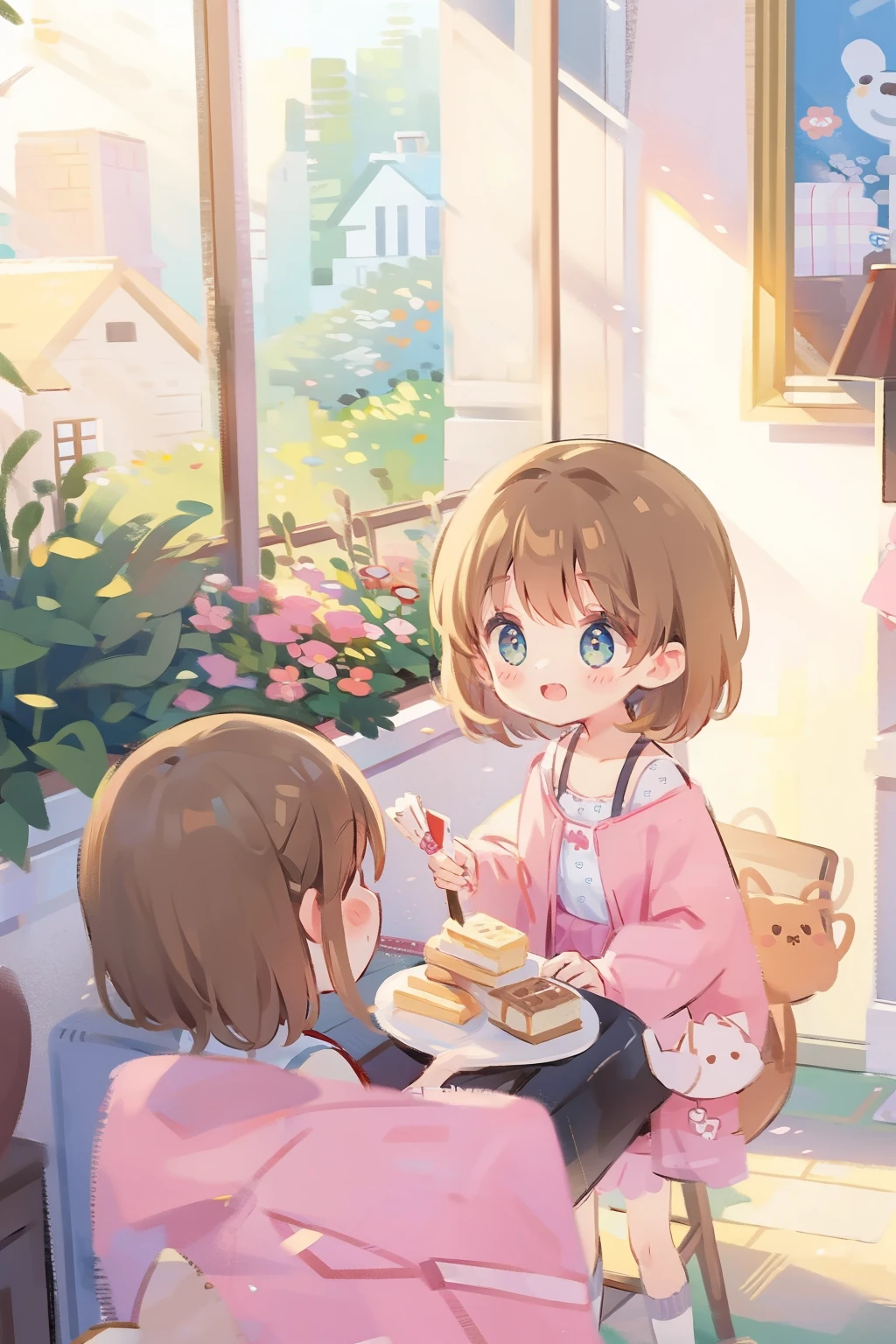 girl, catss, cake shop, Sunlight outside the window