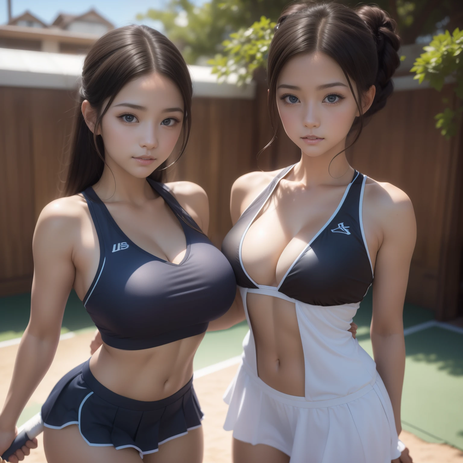 (highest qualityr、obra maestra)、(realistic lighting with shadows)、Elegent、(Un hiperrealista:1.5),,Fondo de pantalla de 8k, muy detallado, illustration, Two Asian girl dos trenzas hair, labios rojos gruesos y calientes Ojos 4k y cara extremadamente detallados,hermosos ojos azules hermosos ,con pechos enormes muslos hechizantes cuerpo completo y cola grande, .sonrisa suave, Sosteniendo una raqueta con un sexy traje de tenis posando sexy para una foto, realista, Chica de anime en la vida real, Diosa japonesa, realistic , lindas ,