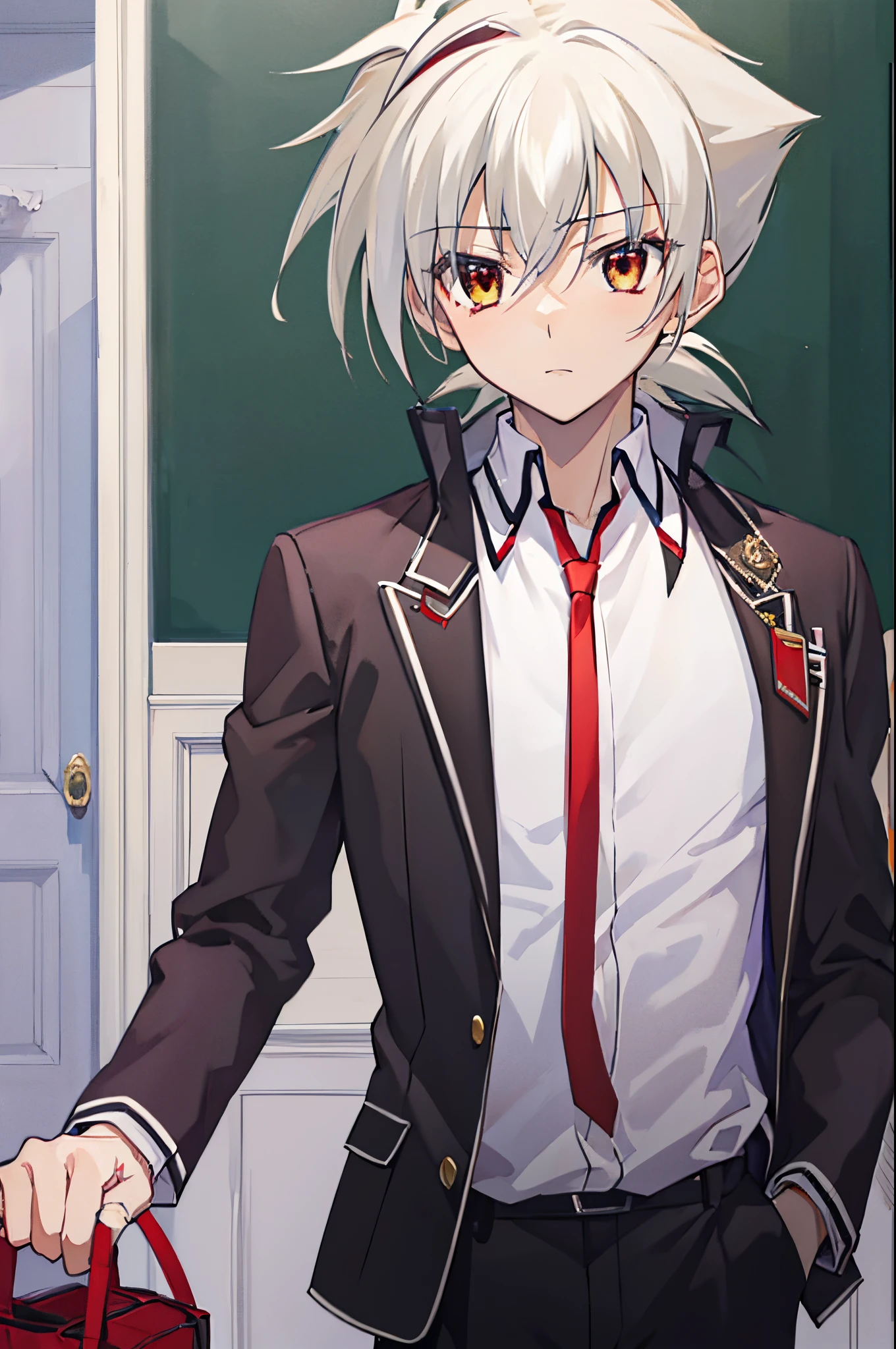 masterpiece, best quality, high quality, 1boy, solo, male focus, looking at viewer, upper body, issei_hyoudou, white hair, red eyes, hair between eyes, , school uniform