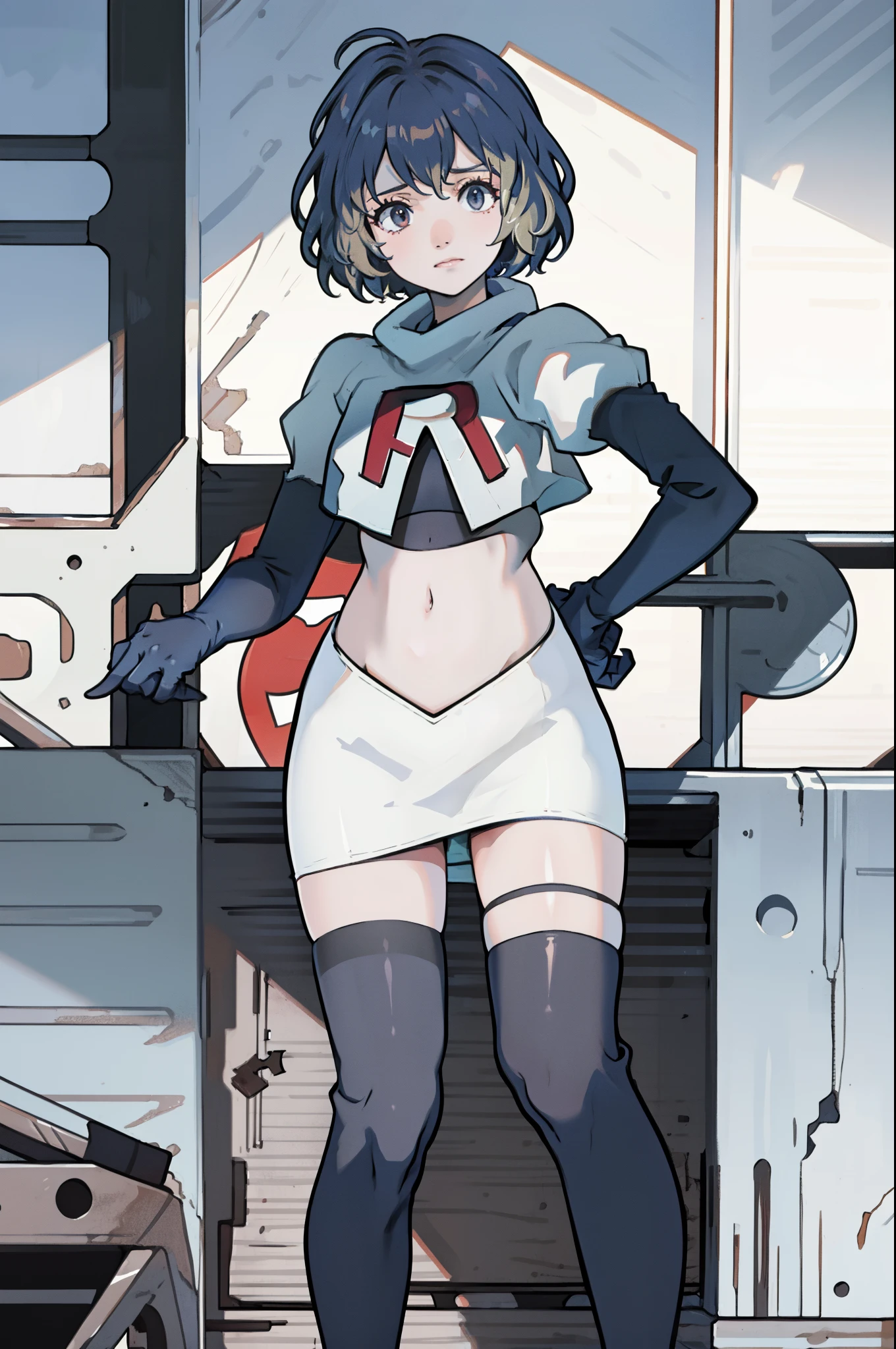 masterpiece, best quality, defBernie,team rocket,team rocket uniform, red letter R, white skirt,white crop top,black thigh-highs,black elbow gloves