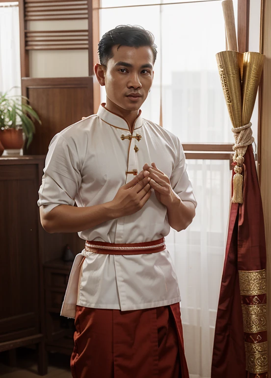 there is a man standing in a room with a white shirt and red pants, sukhothai costume, wearing traditional garb, in style of thawan duchanee, wearing authentic attire, traditional tai costume, thawan duchanee, tai costume, groom, traditional clothes, traditional dress, full body picture of a male monk, traditional clothing, Khmer Salutation