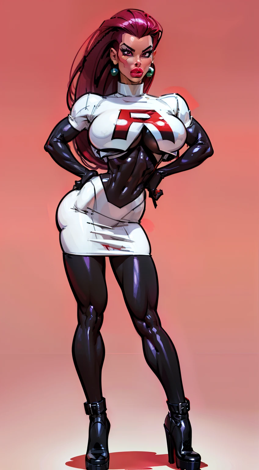 ((masterpiece)),(((best quality))),((character design sheet)), Pokémon character Jessie, (team rocket uniform) ((Jessie)), ((full body view)) mature face, (red violet hair),((asian eyes:1.4)), (thigh high black boots:1.4), (slicked back hair), defined cheekbones,((long hair:1.2)), high cheekbones, illustration, muscular, sexy bimbo, (gigantic breasts:1.3) red hair, ((detailed face:1.4)) beautiful woman, (black gloves :1.2), (white skin:1.4) , (red lipstick:1.4), shiny skin, scribbles and marks,(puffy lips:1.4) , (giant red R on shirt), rough sketches, pose, 8k,16k, (simple background, white background: 1.3) ((cool color palette)), ((white crop top, white skirt))