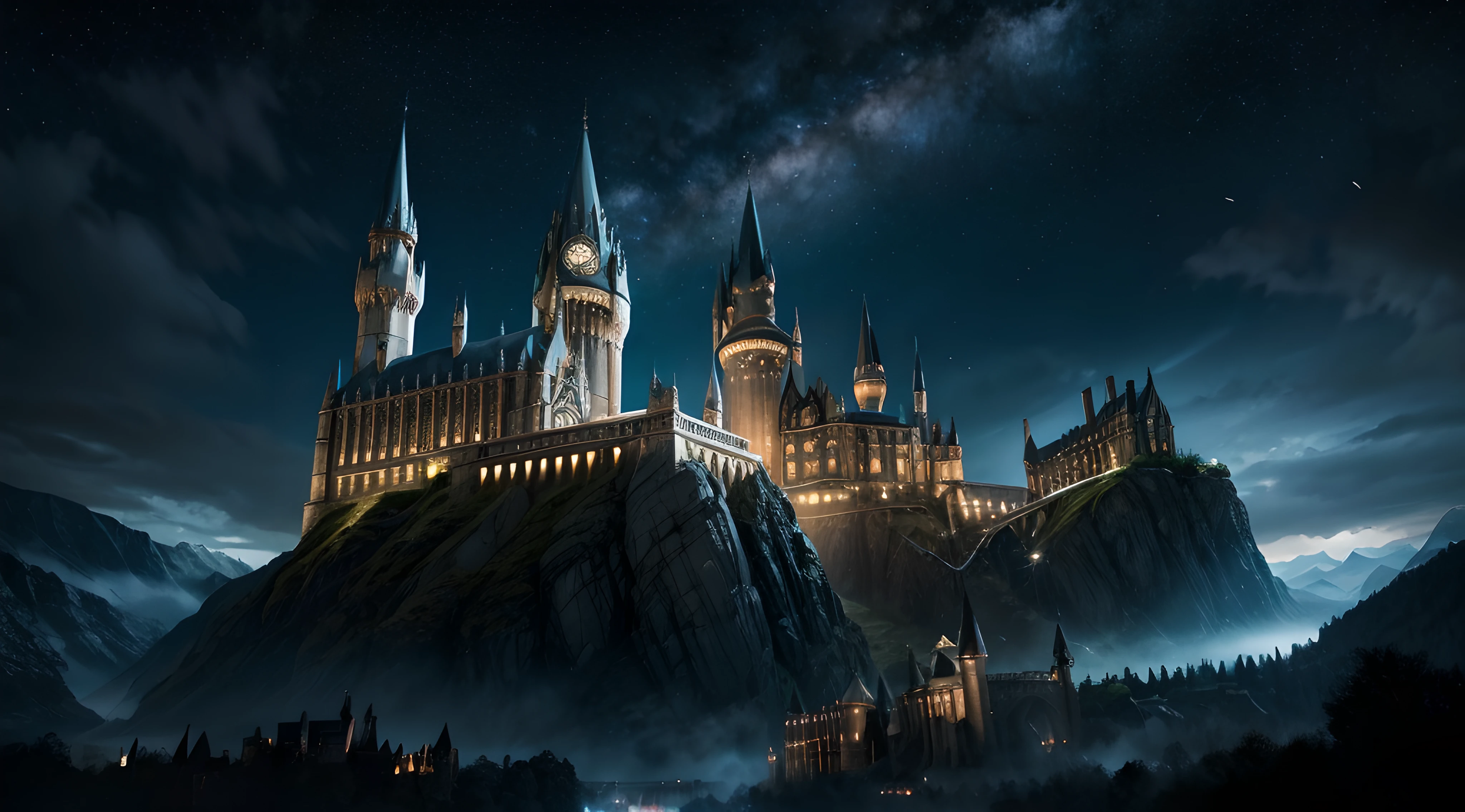 The image depicts Hogwarts at night, under a starry sky full of magical constellations. At the center of the composition, Lila Starlight stands out, a young witch with long black hair that seems to merge with the darkness of the night. His eyes reflect starlight, emitting a celestial glow. Around Lila, Hermione Granger and Luna Lovegood stand in fighting stance, holding magic wands as they look up at the sky, where a dark, menacing figure stands out against the stars. The image captures the moment when the three friends prepare to face the threat revealed by the prophecy, determined to protect Hogwarts and the magical world. Hogwarts castle serves as the backdrop, illuminated by soft light emanating from the windows. The majestic towers and imposing grounds create an atmosphere of magic and mystery. In the foreground, mysterious astrological symbols float in the air, representing Lila's unique connection to the stars. The image conveys the sense of an impending battle between light and darkness, with Lila's celestial magic guiding the way to victory. The ensemble creates a visually striking composition that evokes the emotion and grandeur of the "Inheritance of the Stars" story in the Harry Potter universe. Ultra HD, 8k