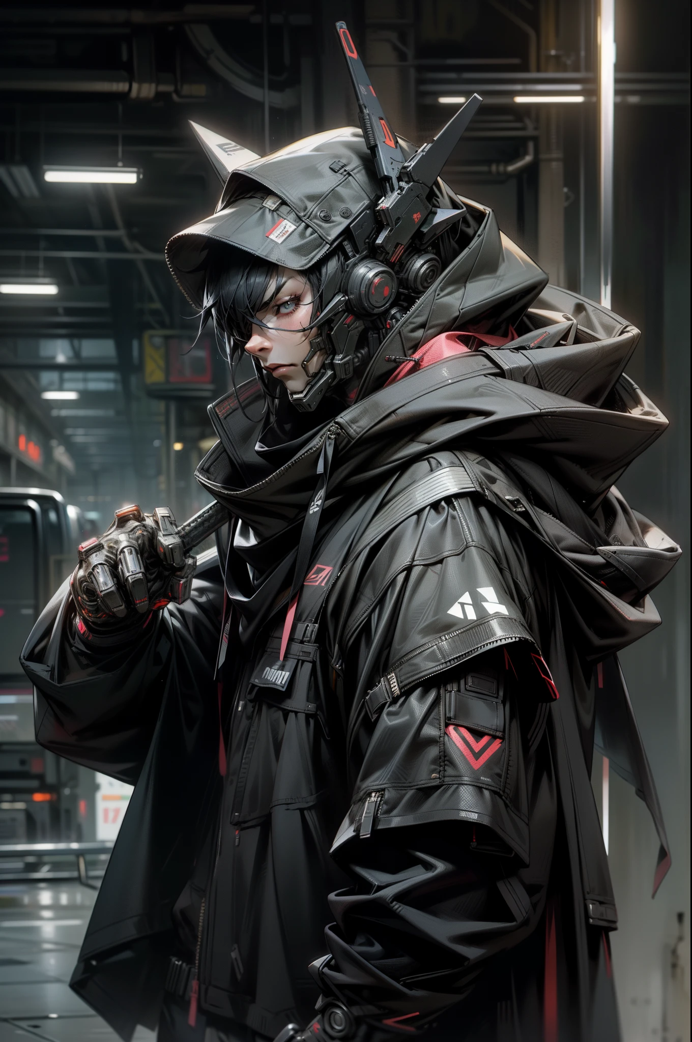 There was a boy wearing a mask and a black hood，with a knife in hand, estilo cyberpunk hiper-realista，Estilo de anime cyberpunk digital，cores ciano