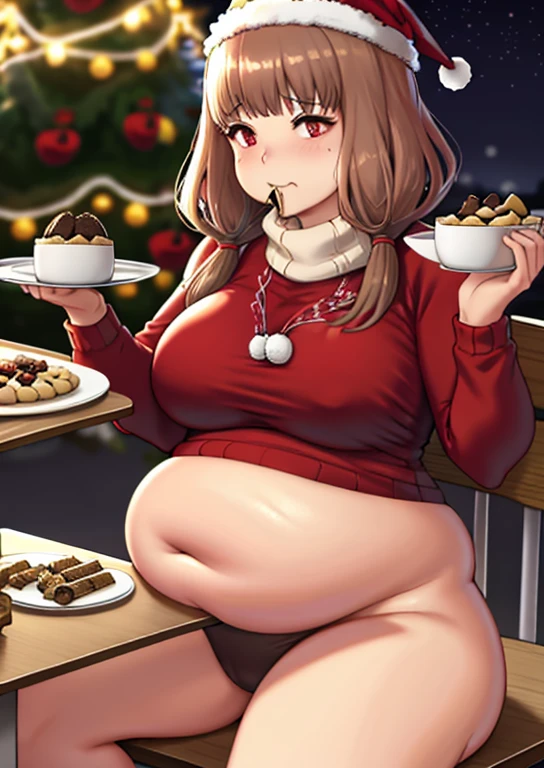 Miko Iino, fat, large belly, chubby, overweight, twin tails, Christmas, wearing sweater, eating, sitting down, table full of food, cookies, eating cookies, very fat, Christmas season, Christmas time, Christmas season, holidays, Christmas sweater,
