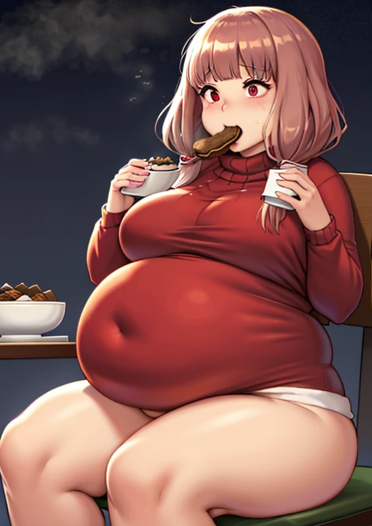 Miko Iino, fat, large belly, chubby, overweight, twin tails, Christmas, wearing sweater, eating, sitting down, table full of food, cookies, eating cookies, very fat, Christmas season, Christmas time, Christmas season, holidays, Christmas sweater,