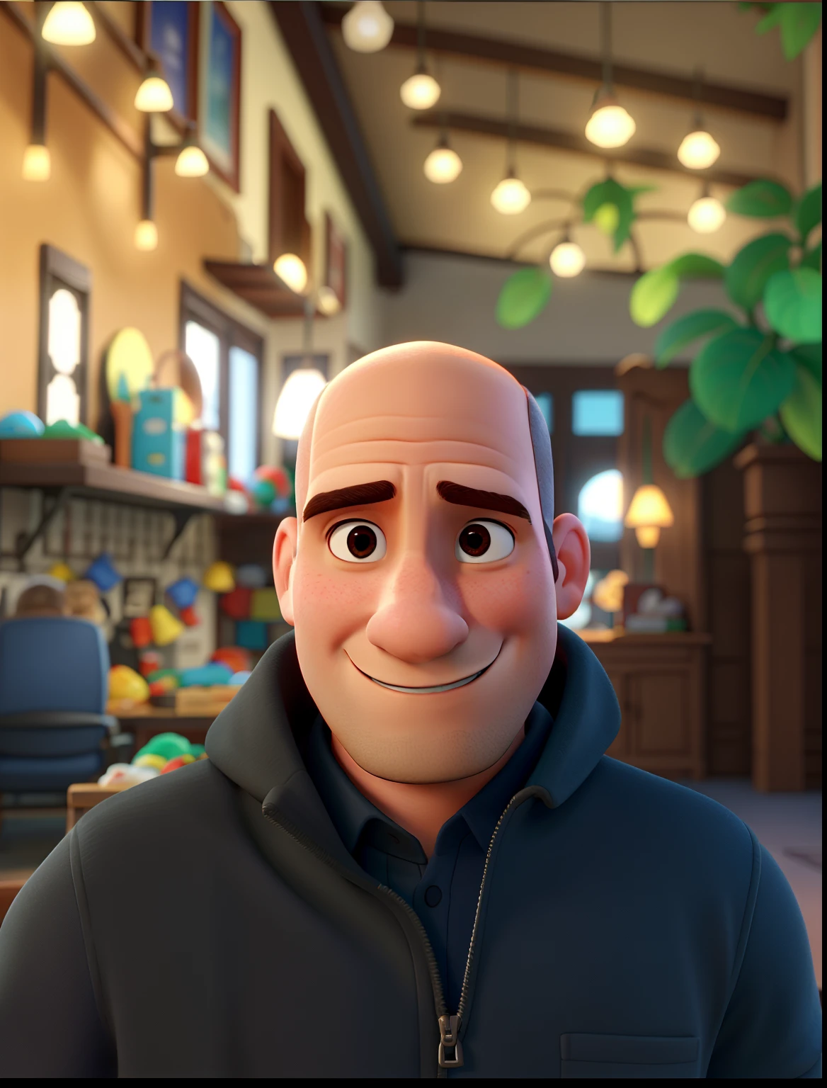 Um homem moreno, cabelo careca, Disney pixar, melhor qualidade, alta qualidade