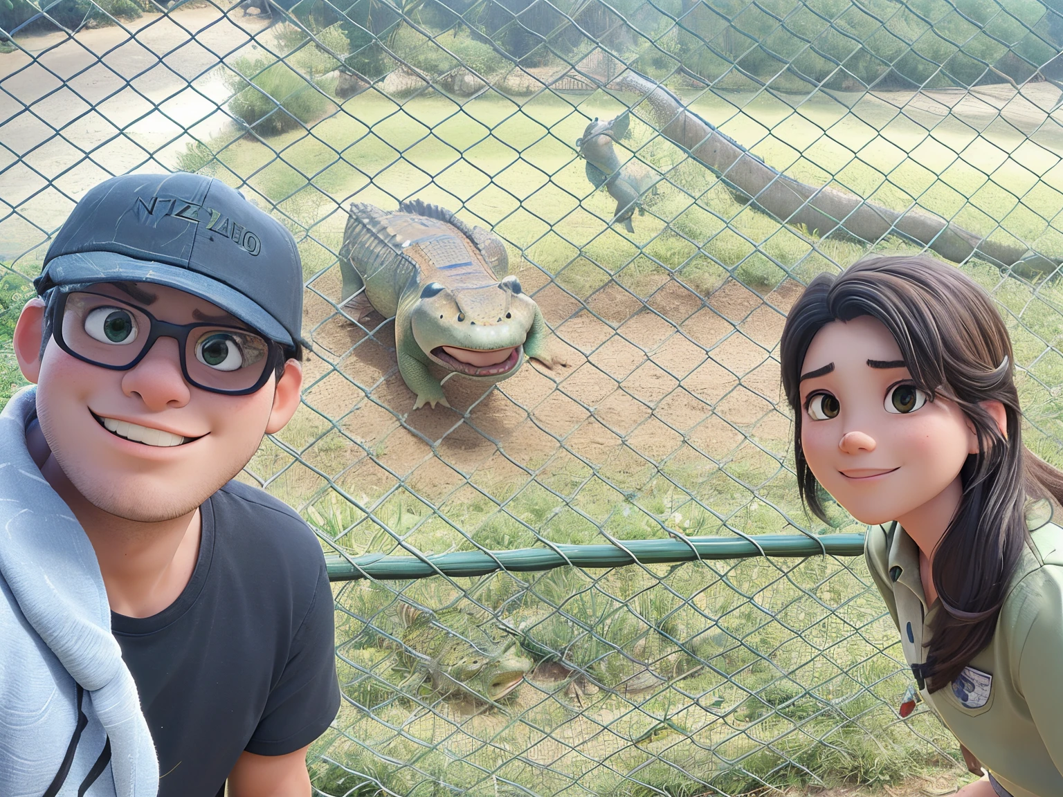 Man and woman taking picture next to a large crocodile inside a fence, real picture taken in zoo, taken with sony alpha 9, taken in zoo, in the zoo exhibit, taken with the best dlsr camera, selfie, shot with iphone 1 0, low quality photo, picture taken in zoo, shot on nikon z9, facebook post