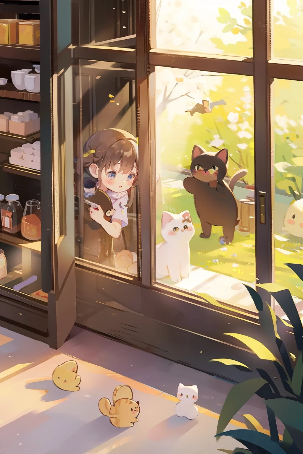 girl, catss, cake shop, Sunlight outside the window