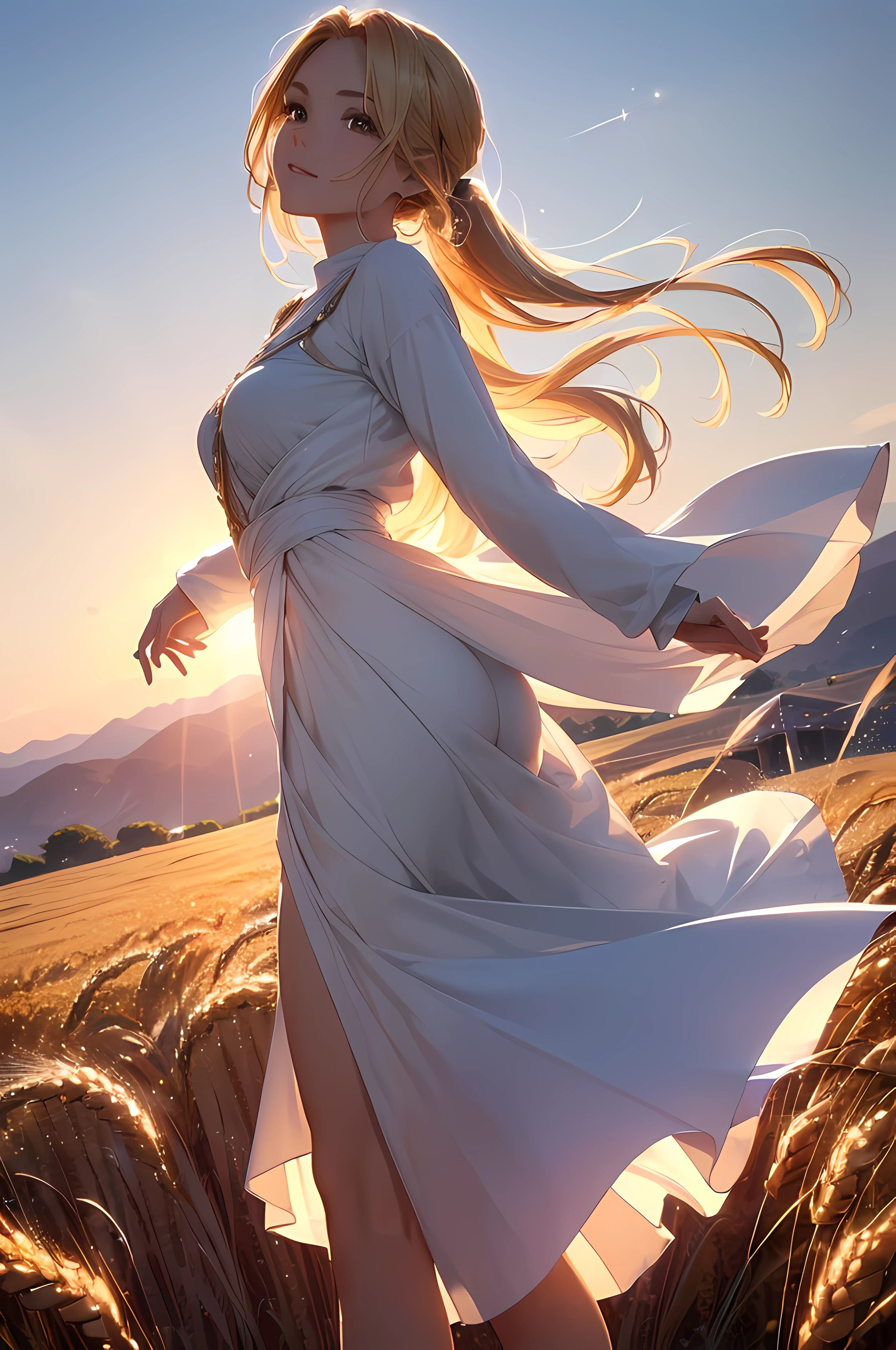 A beautiful woman, (((1 girl, solo, running, (wheat field), turning around, golden eyes, long pure white dress, middle ages, medieval outfit, long sleeves sunset, light from behind, shadow on the figure, smile, laughter, (blue sky), against the background of wheat, standing in the distance, looking at the viewer, full-length
, elegance under the sun, hair ornament, movement motion, image look alive))), ((perfect body figure, beautiful face, beautiful face, milf, age 46, royal, blazing blond color hair, ponytail hair style, beautiful skin, Extremely details hair, fine details)), (((cinematic lighting, beautiful lighting effect, creative design, full body frame, divine aura, hard harmony , shining light, perfect color transition, perfect balance of contrast, perfect color layer, perfectly smooth color blur, soft rendering, smooth color stroke, moon glare, optic lens, moonlight ray, soft colors, smooth colors blend, perfect color rendering, harmony, perfect color harmony, beautiful color, soft harmony, light particles, perfect details, intricate details, color prism, fine details, refine details, intricate clothes details, fine clothes, smooth fabric clothes texture, different angle))), Tachibana Omina art style, affectionate eyes, half a smile, slightly open mouth, a gentle expression on his face, serene scenery of grassland under the sun, grass floating around, calm, breeze and sunlight in the background, butterflies in the sky, realism, ((Best quality))),8k,((Masterpiece)),(Extremely refined and beautiful)