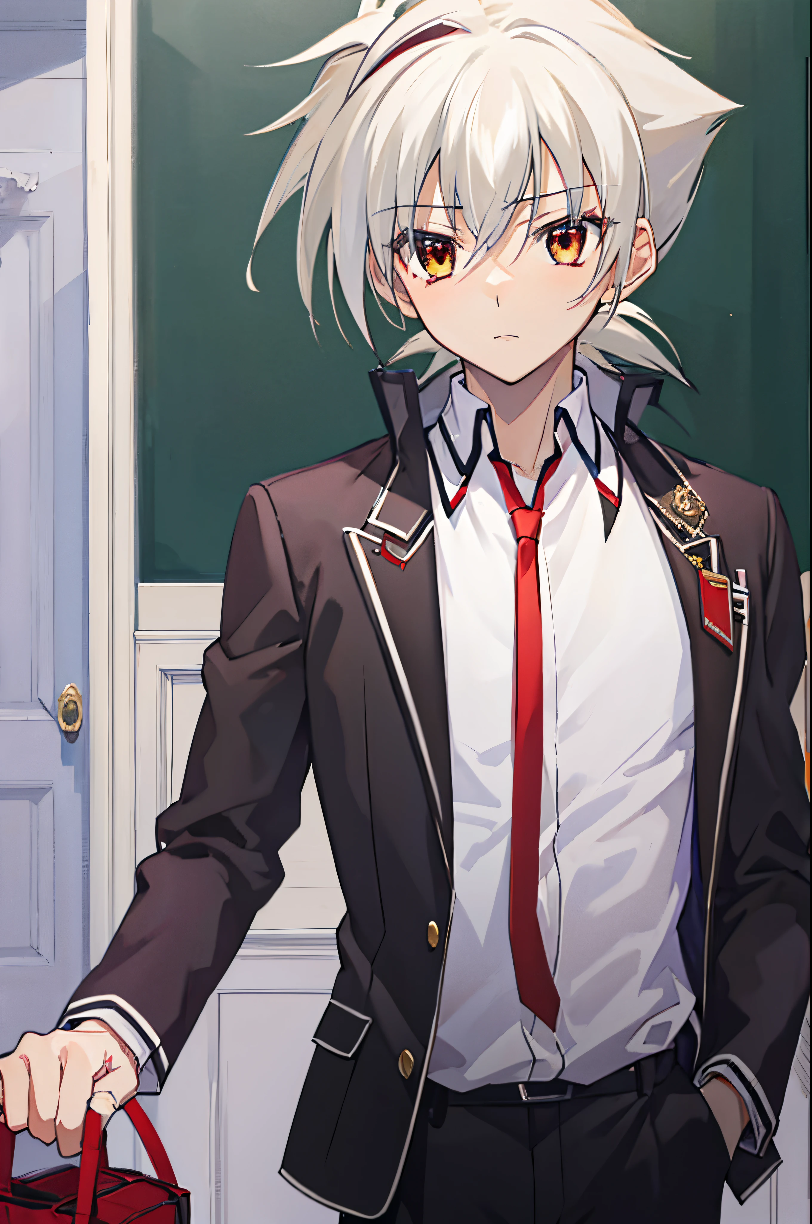 masterpiece, best quality, high quality, 1boy, solo, male focus, looking at viewer, upper body, issei_hyoudou, white hair, red eyes, hair between eyes, , school uniform