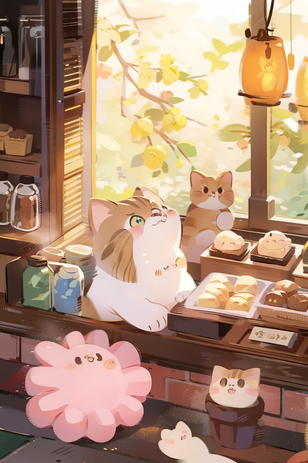 Cute cat, At the dim sum shop , sun light from window.