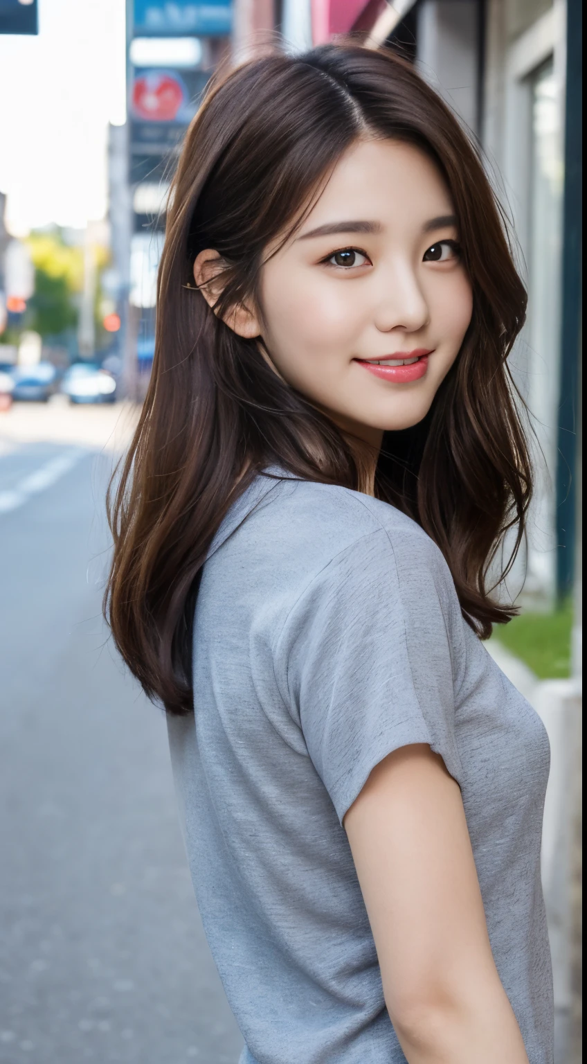 ((Best Quality, 8k, Masterpiece: 1.3)), 1 Girl, Smile, Full Body, Slim Face, Pretty Woman, (Dark Brown Hair), Ultra Detailed Face, Detailed Eyes, Double Eyelids, Blurred Background, Slim Face, City, Outside, Street, Sports