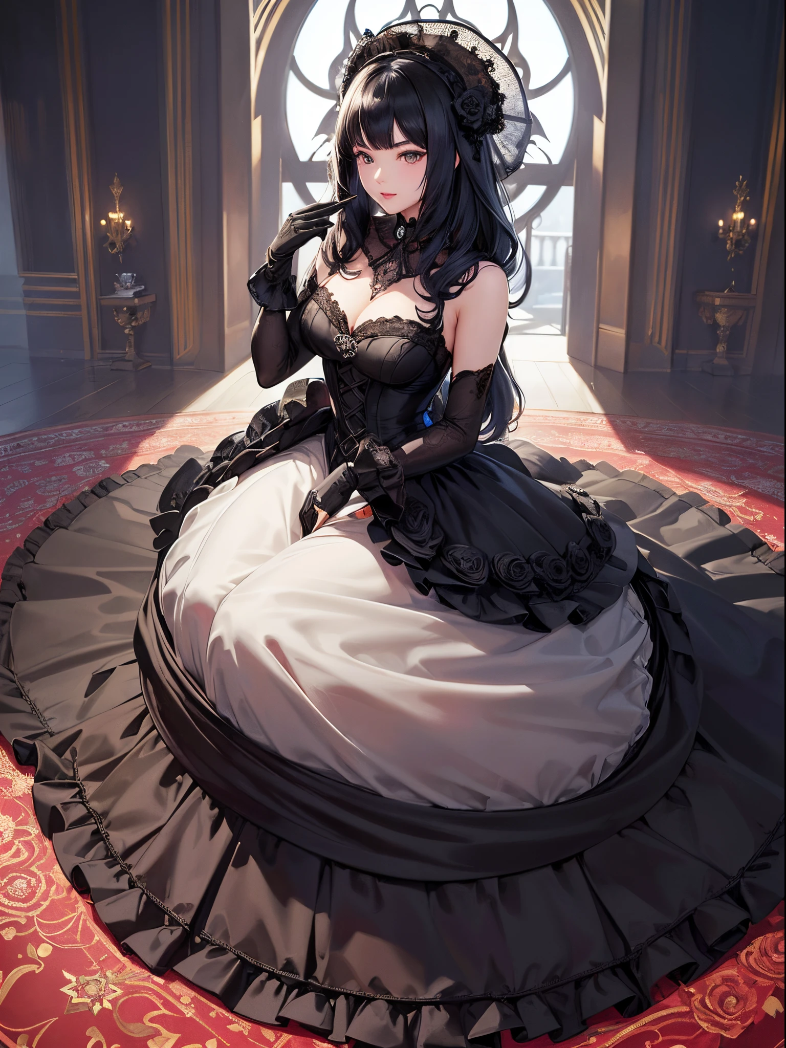 Black cat motif、black and platinum tones、Vibrant colors、((masterpiece)))、(((top-quality)))、((ultra-detailliert))、(A hyper-realistic)、(highly detailed CGillustration)、Official art、Vienna in the first half of the 20th century、Decadent、Madame Cat Black、Masquerade、Elegance、Masks that cover most of the face、Colorful and detailed mask design、matchless beauty、Fans、Female Solo、gorgeous dress、jewely、Perfect Angle、→ direction、perfect-composition、full body Esbian