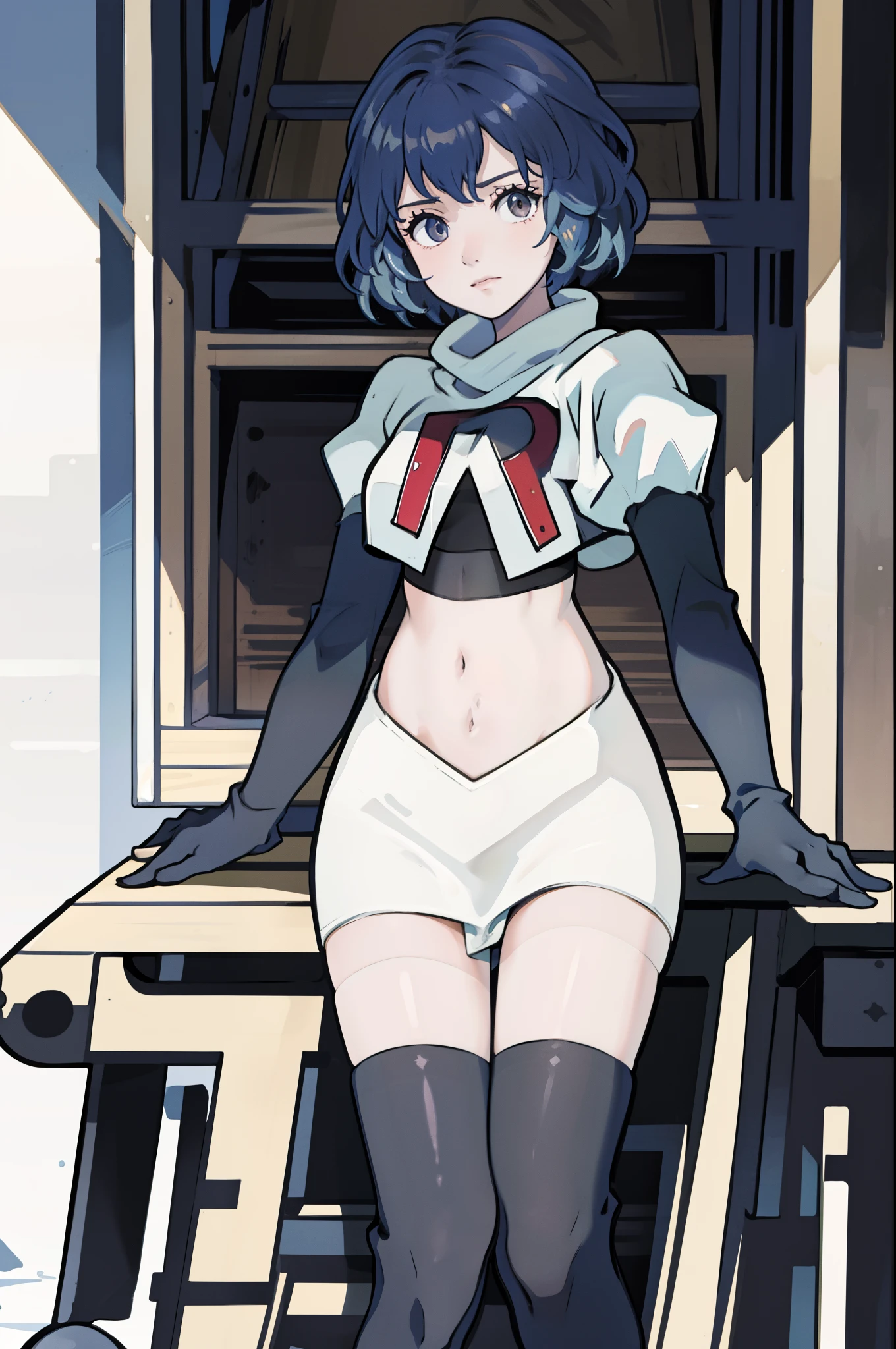 Only one girl, simple background, Looking up at an angle, Looking at the girl from the front, Girls' Centre, rei ayanami, short blue haired woman, Anime girl with long blue hair, Overall chubby, Lower your face, upper eyes, red eyes, inexpressive, pale skin, gloss on the skin, high school uniform, Average Breasts, large convex areolas, wide thighs, thights, Opening legs, stands, steam, sweat drops, trembling