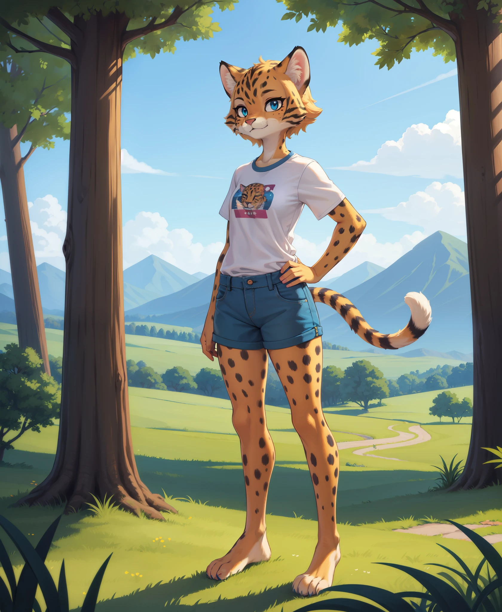 ((masterpiece)), ((best quality)), (illustration, cartoon, colorful), furry female, cheetah, felid, feline, mammal, anthro, blonde hair, clothing, female, fur,  hair, solo, white short sleeve shirt, blue shorts, barefoot, (((long shot, full body portrait))), tail, grass, trees, mountains, sunlight, solo, standing, upper body, hand on hip