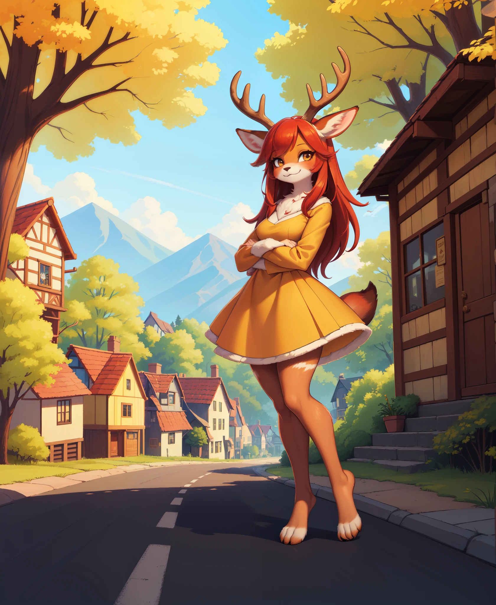 ((masterpiece)), ((best quality)), (illustration, cartoon, colorful), furry female, deer, mammal, anthro, red hair, medium hair, (deer horns), deer ears, animal nose, clothing, female, fur, solo, standing, smiling, yellow dress, barefoot, (((long shot, full body portrait))), ((village, houses)), (street, road, path), grass, sunlight