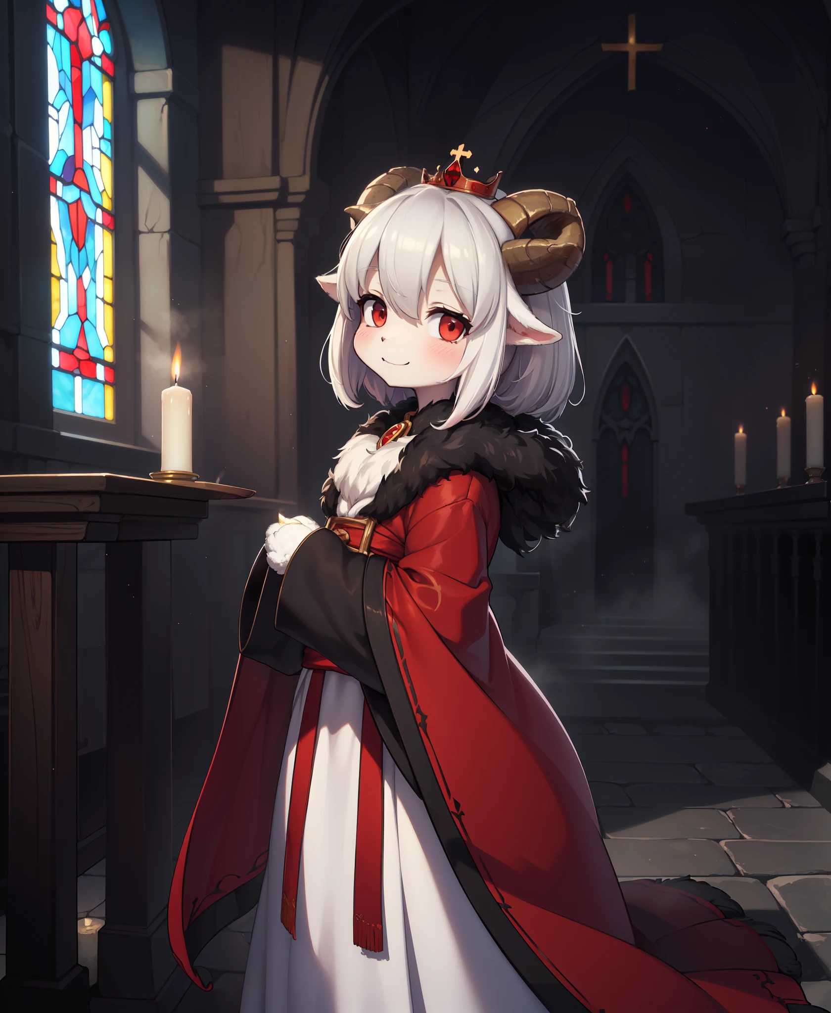 uploaded on e621, ((by Yurusa, by Childe Hassam, by Kenket, by Kyoto Animation)), solo (chibi:1.15) ((sheep (lamb \(cult of the lamb\)), black body and white fur, white hair, horn, clear red sclera)), (wear red crown, red cloak, grey black gown:1.25), (flat chested, smile), ((detailed fluffy fur)), (half-length portrait, looking at viewer, three-quarter view:1.3), BREAK, (standing at church with stained glass:1.25), (outside, fog, mist, candle:1.2), (detailed background, depth of field, half body shadow, sunlight, ambient light on the body), (intricate:0.7), (high detail:1.2), (unreal engine:1.3), (soft focus:1.1), [explicit content, questionable content], (masterpiece, best quality, 4k, 2k, shaded, absurd res)