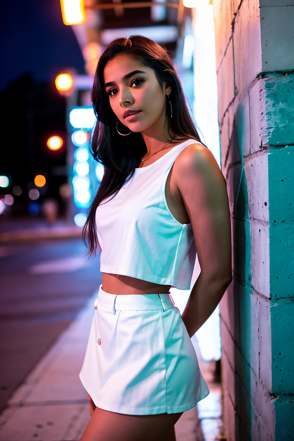 Latin teen woman leaning against a wall in a miniskirt and t - shirt, at night on a lonely street illuminated with neon lightcinematic photo cinematic film still sm4c3w3k, white fabric, grey fabric,full body photo of the most beautiful latin woman in the world wearing the sm4c3w3k, very detailed short sleeveless blouse where the nipples are marked, miniskirt. shallow depth of field, vignette, highly detailed, high budget Hollywood movie, bokeh, cinemascope, moody, epic, gorgeous, film grain, grainy . 35mm photograph, film, bokeh, professional, 4k, highly detailed