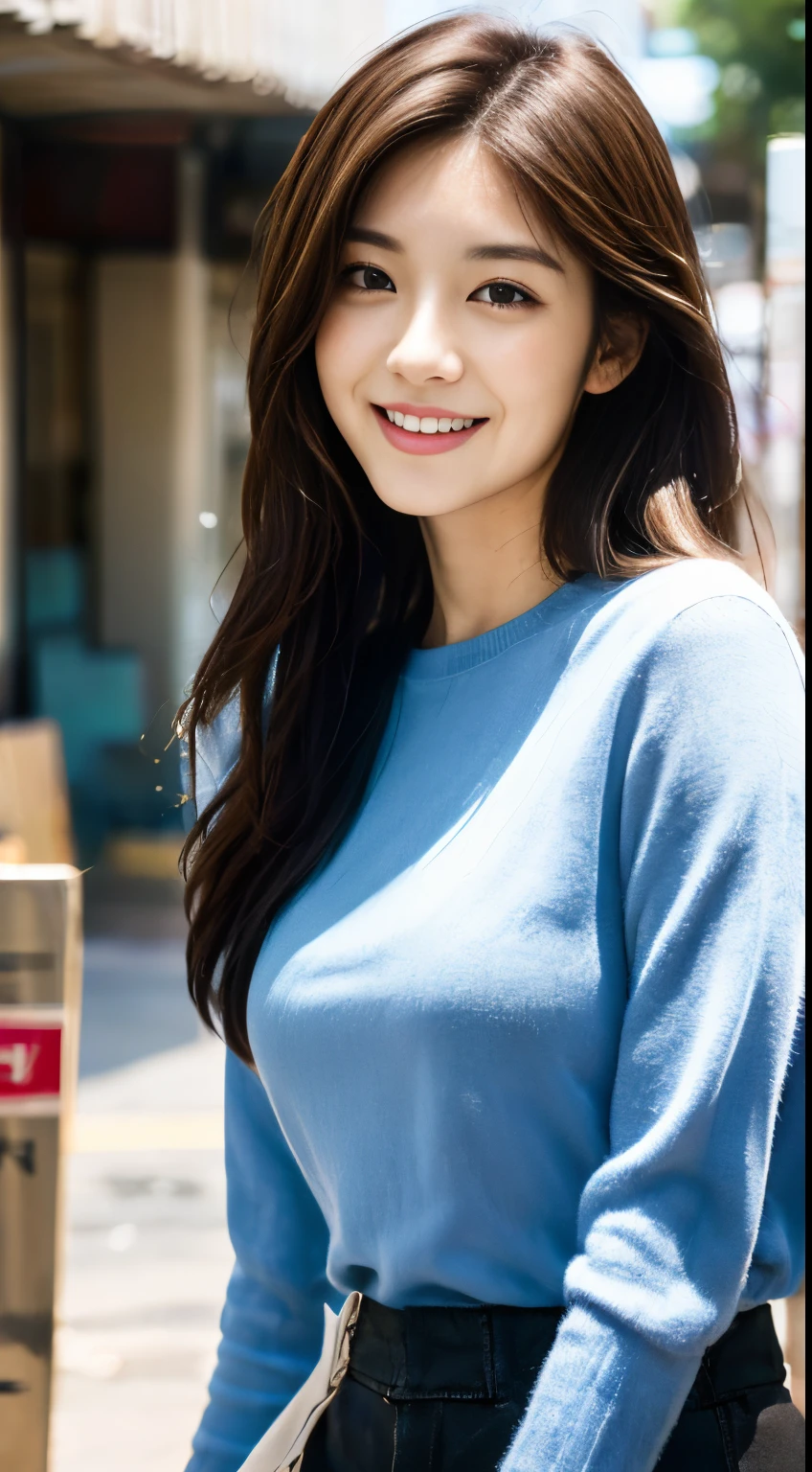 ((Best Quality, 8k, Masterpiece: 1.3)), 1 Girl, Smile, Full Body, Slim Face, Pretty Woman, (Dark Brown Hair), Ultra Detailed Face, Detailed Eyes, Double Eyelids, Blurred Background, Slim Face, City, Outside, Street, Sports