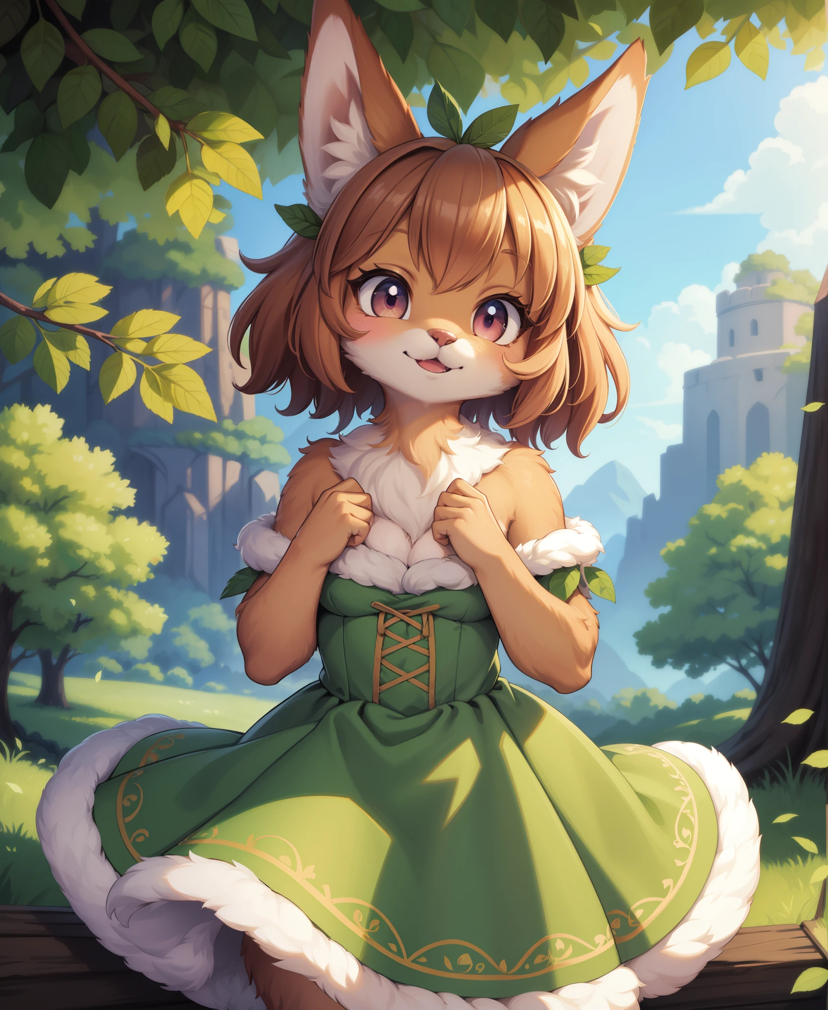 elora furry, detailed and extremely fluffy body fur, fluff, masterpiece, looking up beautiful surroundings, detailed background, happy, leaf-dress,