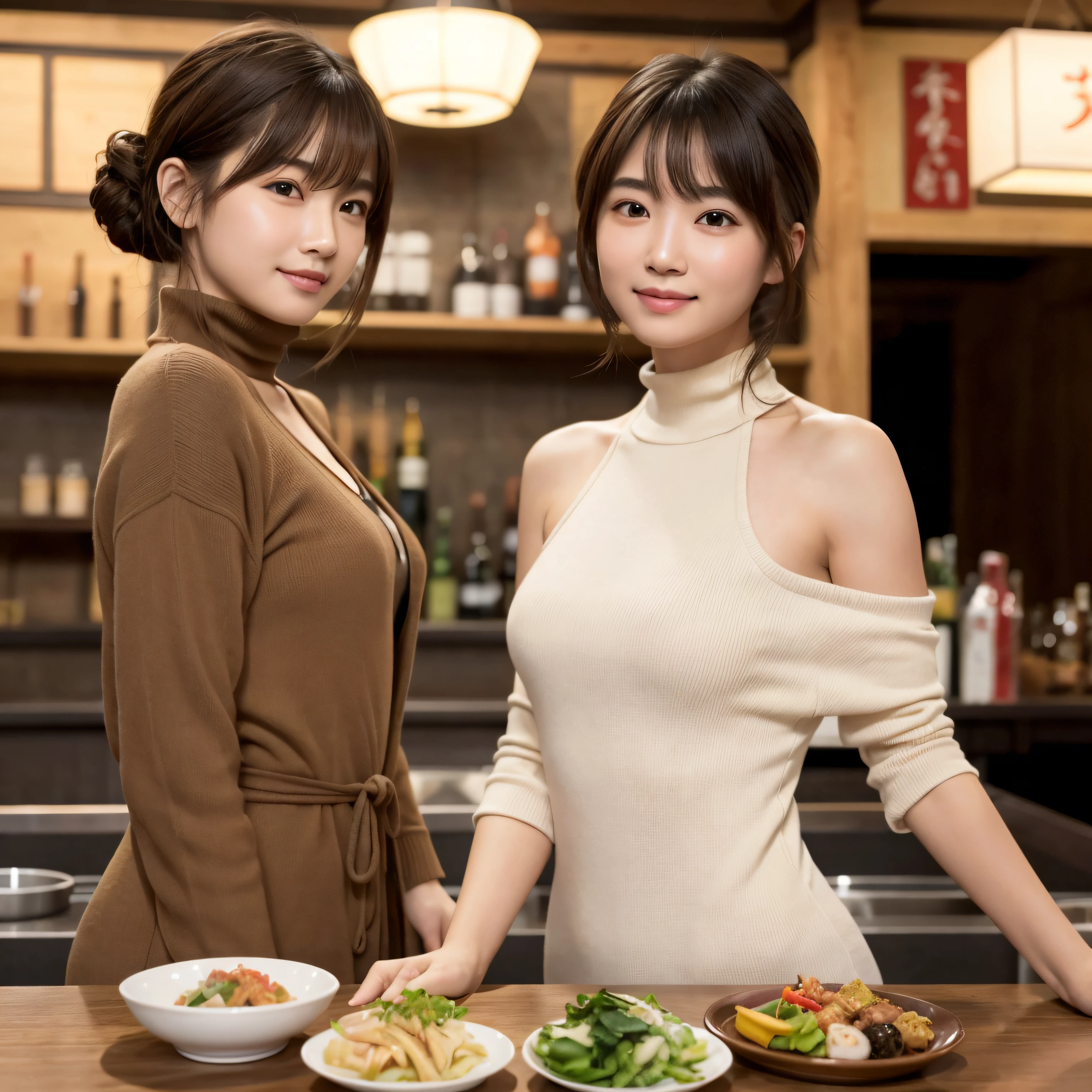 japanaese 2 girls, Drinking beer at the counter of a standing bar.Yakitori and small side dishes are lined up on plates at the counter, (Wearing an tutle-neck oversized knit one-piece), (photoshoot style, Shooting from front, Upperney Statue, body facing forward), 26 years old, (toned body type:1.2, Tall Height 5.35 feet), (normal breast :1.2, Hemispherical chest silhouette:1.2), little smiling, Perorbital swelling, Brown fluffy and wavy short-cut hair, Natural bangs, detailed brown eyes, Detailed finger, Suppin, No Make, (Photorealsitic:1.4), (High-resolution details of human skin texture:1.2, Rough skin:1.2, Uneven skin tone:1.6, Skin texture must be natural:1.1), top-quality, ​masterpiece, High resolution, Raw photo, natural soft light, Professional Lighting