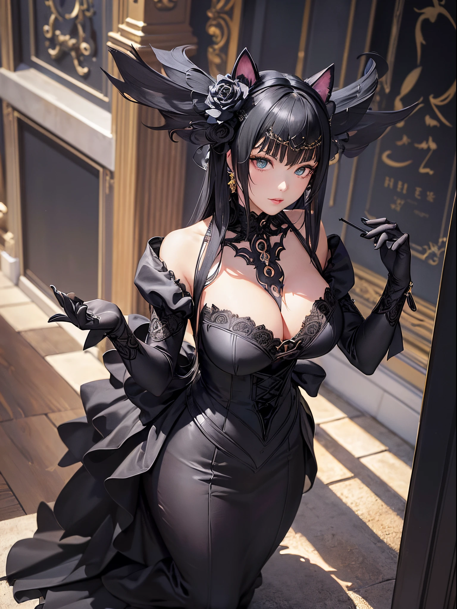Black cat motif、black and platinum tones、Vibrant colors、((masterpiece)))、(((top-quality)))、((ultra-detailliert))、(A hyper-realistic)、(highly detailed CGillustration)、Official art、Oslo in the first half of the 20th century、Decadent、Madame Cat Black、Masquerade、Elegance、Masks that cover most of the face、Colorful and detailed mask design、matchless beauty、Fans、Female Solo、gorgeous dress、jewely、Perfect Angle、→ direction、perfect-composition、full body Esbian