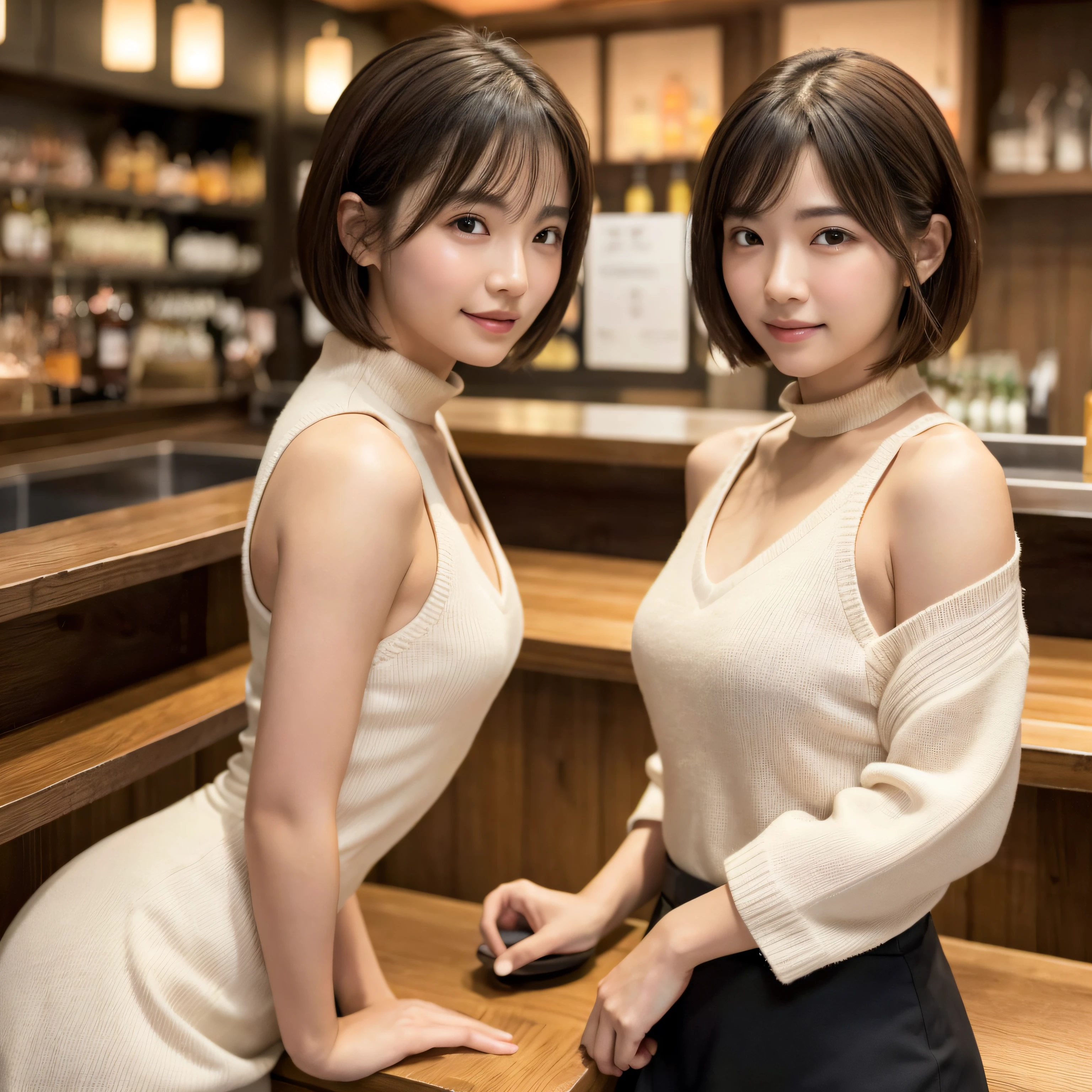 japanaese 2 girls, Drinking beer at the counter of a standing bar.Yakitori and small side dishes are lined up on plates at the counter, (Wearing an tutle-neck oversized knit one-piece), (photoshoot style, Shooting from front, Upperney Statue, body facing forward), 26 years old, (toned body type:1.2, Tall Height 5.35 feet), (normal breast :1.2, Hemispherical chest silhouette:1.2), little smiling, Perorbital swelling, Brown fluffy and wavy short-cut hair, Natural bangs, detailed brown eyes, Detailed finger, Suppin, No Make, (Photorealsitic:1.4), (High-resolution details of human skin texture:1.2, Rough skin:1.2, Uneven skin tone:1.6, Skin texture must be natural:1.1), top-quality, ​masterpiece, High resolution, Raw photo, natural soft light, Professional Lighting