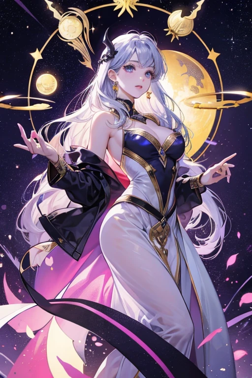 ((ultra quality)), ((masterpiece)), ((Angelic beauty woman)), ((long white curly hair)), ((White hair)), ((fluffy white hair)), ((curly hair)),  (beautiful face), (beautiful thick lips), Enchanting ((Calm facial expression)), looks at the camera with a slight smile, (White skin color), (White skin), glow on the body, ((detailed eyes)), ((Sakura card captor)), ((animatronic)), ((violet eyes)), (juicy female lips), (dark eyeliner), (beautiful female hands), ((thick body)), ideal female body, beautiful waist, beautiful big hips, big breasts, thick thighs, ((threatening and beautiful)) (), ((depth of field)), ((high quality clear image)), (delete details), ((High detail)), ((clear focus))