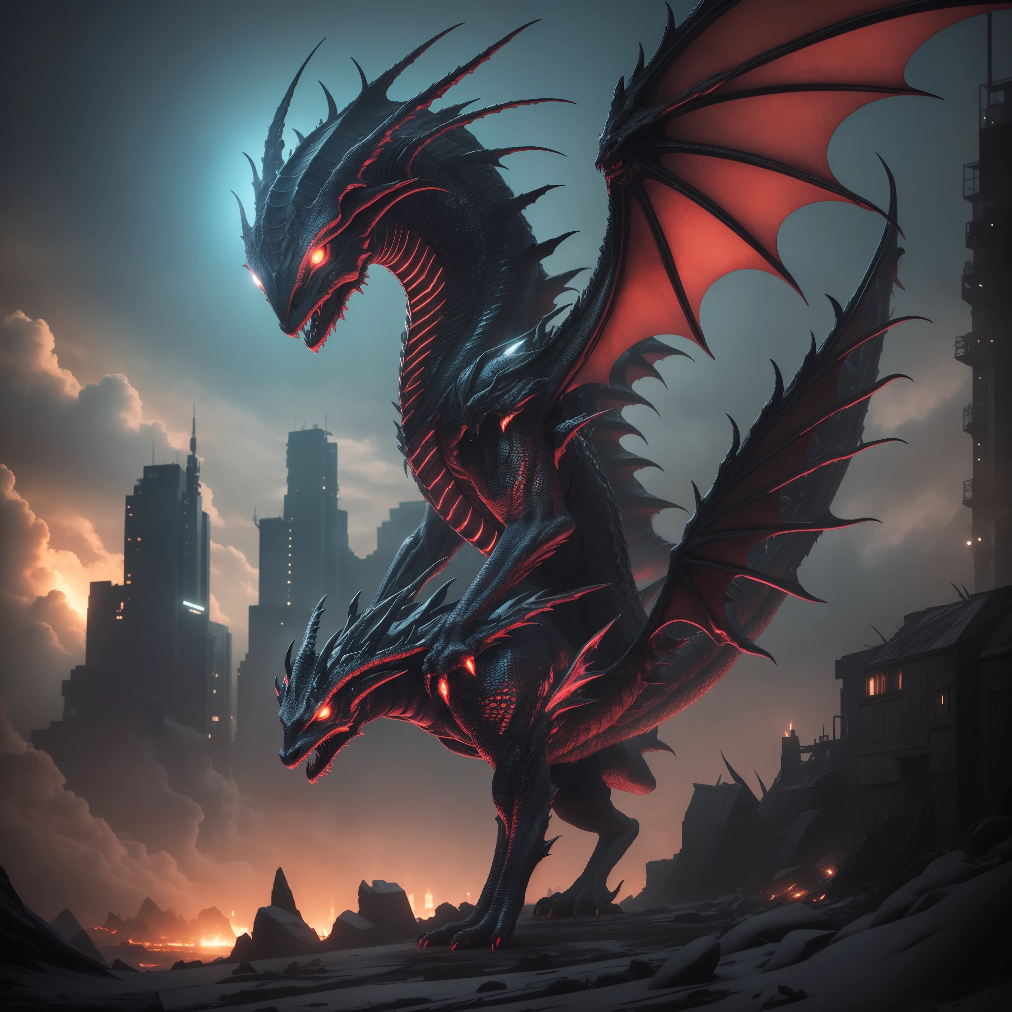 Alien Dragon,four glowing eyes, four wings on the back, five twisted horns on the head, two tails, Dark metallic scales with glowing details across the body, desolate, full body, horror, hellish, luminism, 300 DPI, 8K Ultra HD, photo realistic, dark, wide angle,  in Post-apocalyptic city  - --auto --s2