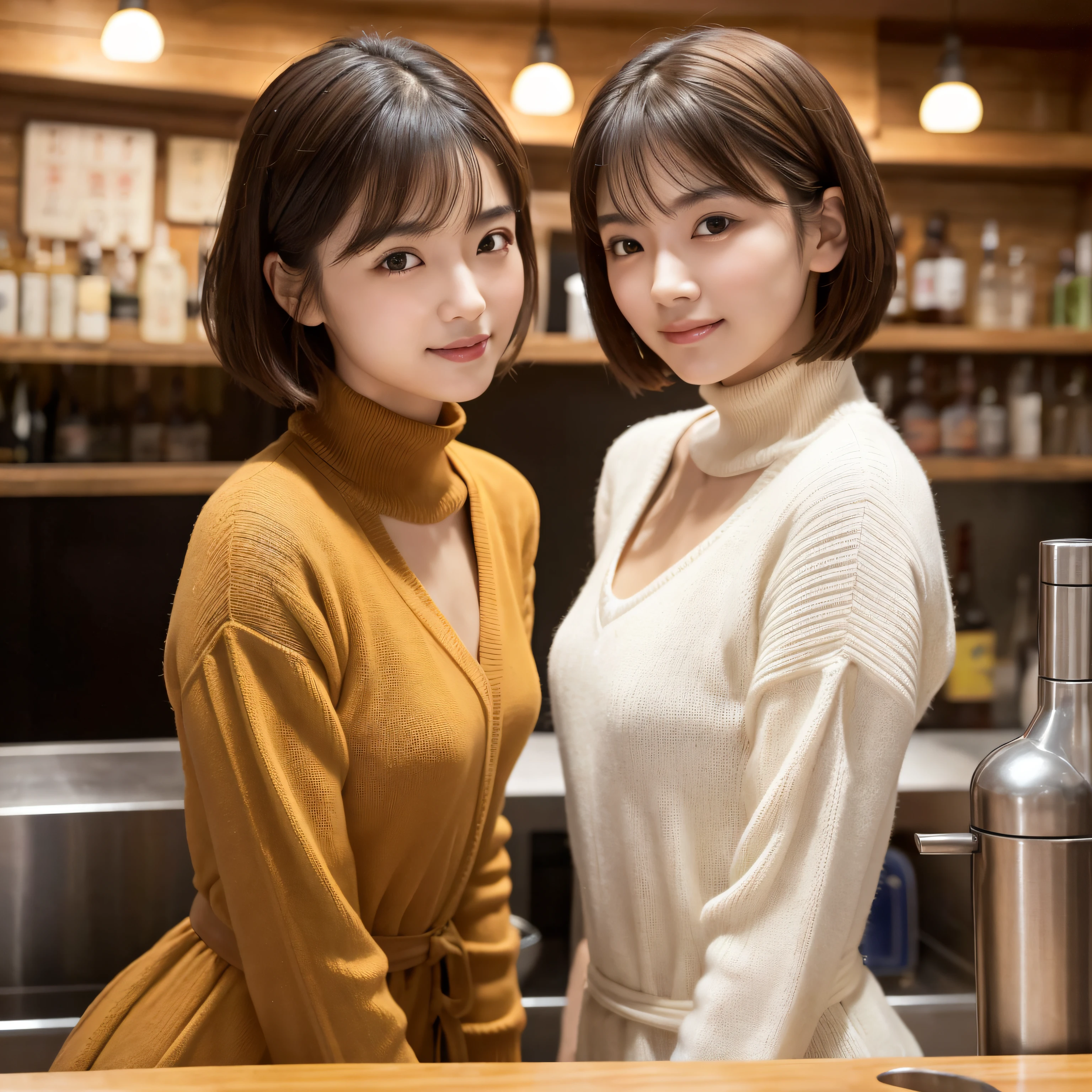 japanaese 2 girls, Drinking beer at the counter of a standing bar.Yakitori and small side dishes are lined up on plates at the counter, (Wearing an tutle-neck oversized knit one-piece), (photoshoot style, Shooting from front, Upperney Statue, body facing forward), 26 years old, (toned body type:1.2, Tall Height 5.35 feet), (normal breast :1.2, Hemispherical chest silhouette:1.2), little smiling, Perorbital swelling, Brown fluffy and wavy short-cut hair, Natural bangs, detailed brown eyes, Detailed finger, Suppin, No Make, (Photorealsitic:1.4), (High-resolution details of human skin texture:1.2, Rough skin:1.2, Uneven skin tone:1.6, Skin texture must be natural:1.1), top-quality, ​masterpiece, High resolution, Raw photo, natural soft light, Professional Lighting