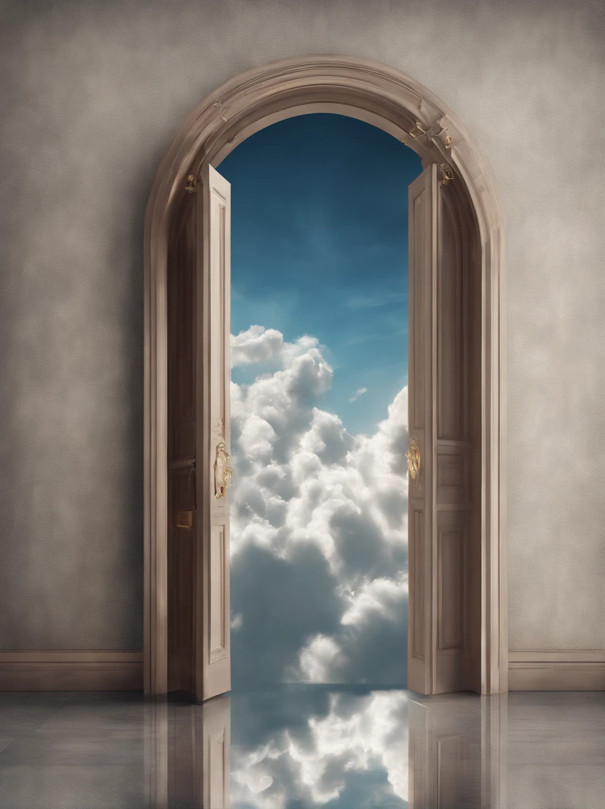 a close-up of a door leading to a cloud in the sky, Hyper realistic clouds, dreamlike surrealism, Dreams invade worldly spaces, Surreal clouds, surrealism!!!!, surrealist art, Portail magique dans le ciel, whimsical surrealism, Portal of Dreams, dans un nuage, In the style of René Magritte, Surrealist photography, Ouvrir le portail vers une autre dimension, Portail vers un autre monde