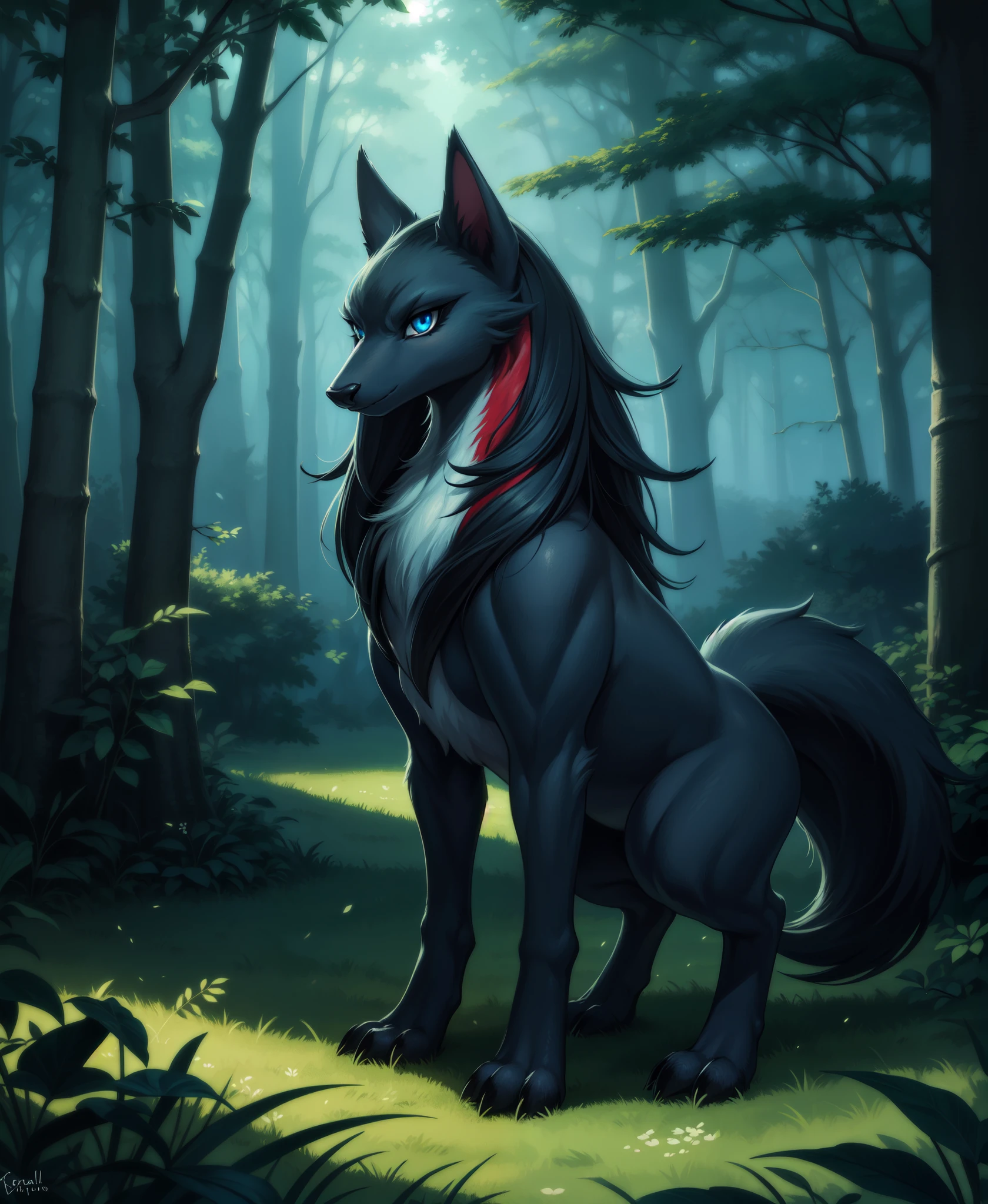 (realistic,photorealistic:1.37),masterpiece,zoroark,looking at viewer,sharp blue eyes,full body portrait, lush green forest background, mysterious atmosphere