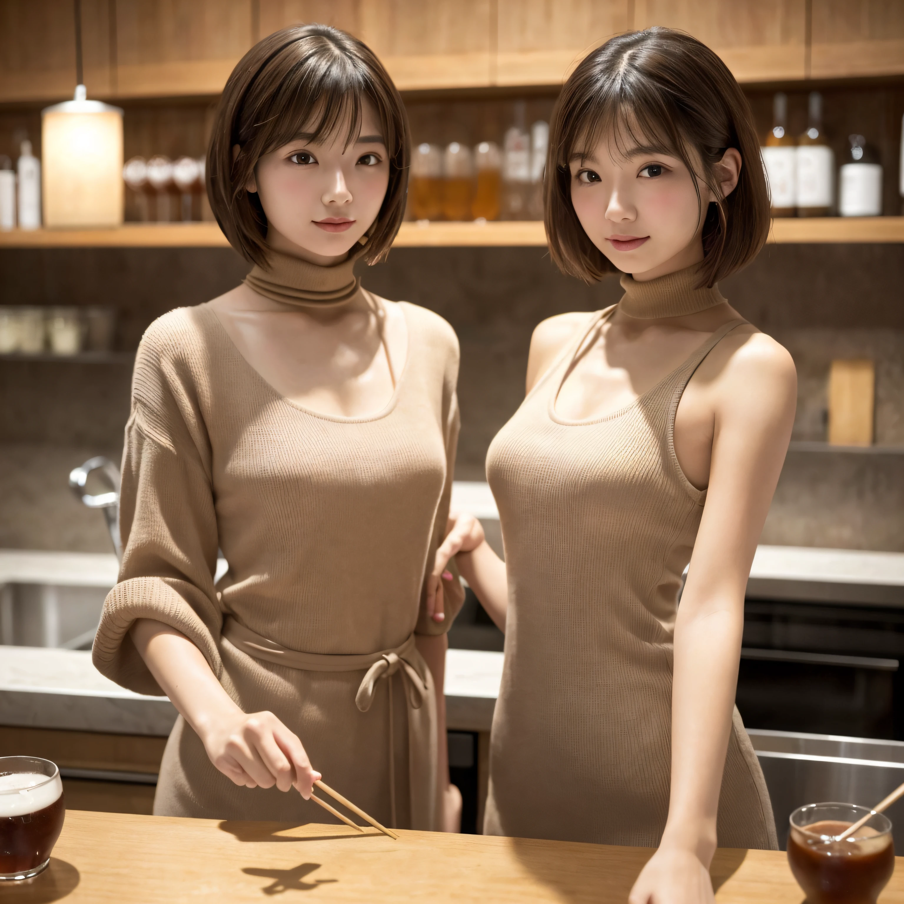 japanaese 2 girls, Drinking beer at the counter of a standing bar.Yakitori and small side dishes are lined up on plates at the counter, (Wearing an tutle-neck oversized knit one-piece), (photoshoot style, Shooting from front, Upperney Statue, body facing forward), 26 years old, (toned body type:1.2, Tall Height 5.35 feet), (normal breast :1.2, Hemispherical chest silhouette:1.2), little smiling, Perorbital swelling, Brown fluffy and wavy short-cut hair, Natural bangs, detailed brown eyes, Detailed finger, Suppin, No Make, (Photorealsitic:1.4), (High-resolution details of human skin texture:1.2, Rough skin:1.2, Uneven skin tone:1.6, Skin texture must be natural:1.1), top-quality, ​masterpiece, High resolution, Raw photo, natural soft light, Professional Lighting