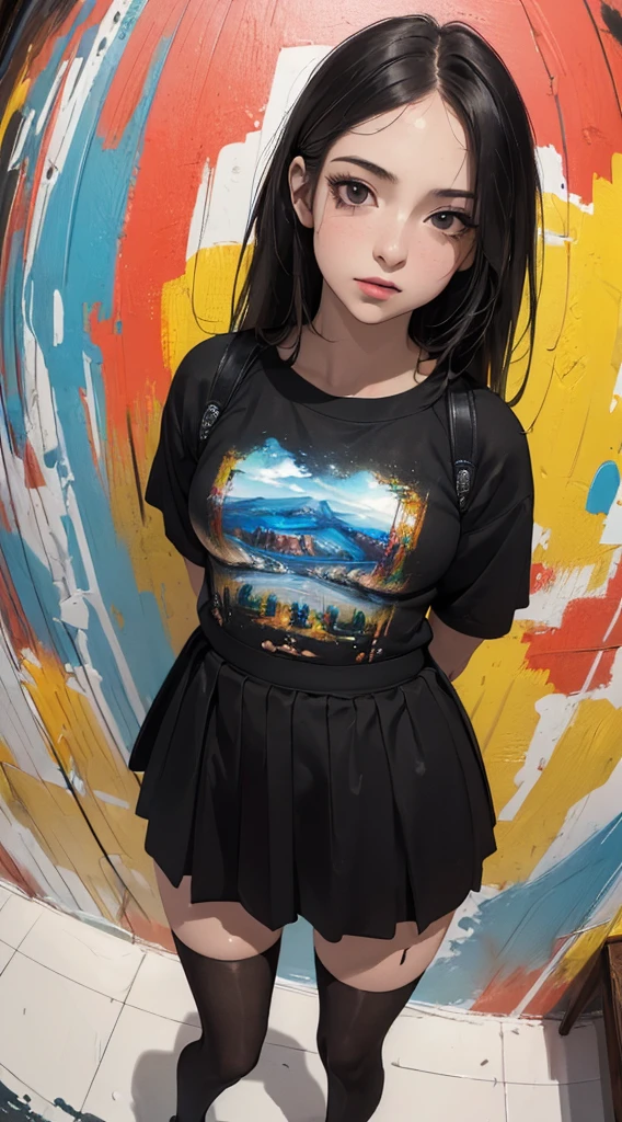 ((8k wallpaper of extremely detailed CG unit, masterpiece, hight resolution, top-quality, masutepiece)), ((a very beautiful woman, Hands in pockets:1.8, Grunge Fashion, wearing skirt, Wearing tights)), ((extra detailed face, Highly detailed black eyes, Contrasting eyes, extra detailed body, Top quality real texture skins:1.2)), (A dark-haired, de pele branca, Small:1.2), ((colorful paint wall)), (high-angle:1.1, Fisheye:1.3), hyper realisitic, digitial painting,
